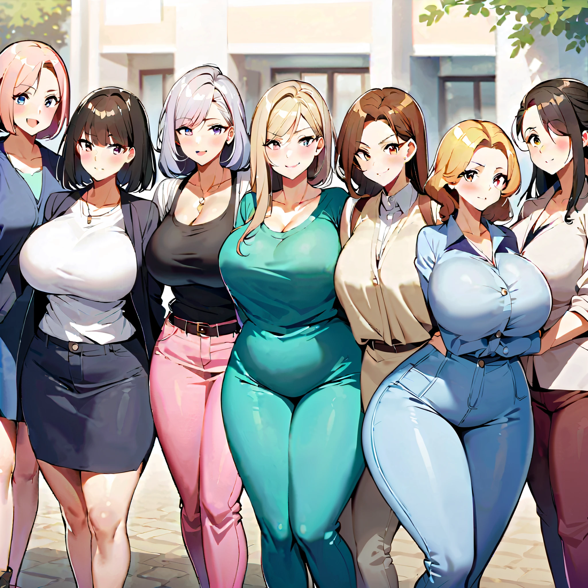 Anime, a group of mature womans, curvy body, big breasts, casual clothes, multiple womans, womans surrounding 