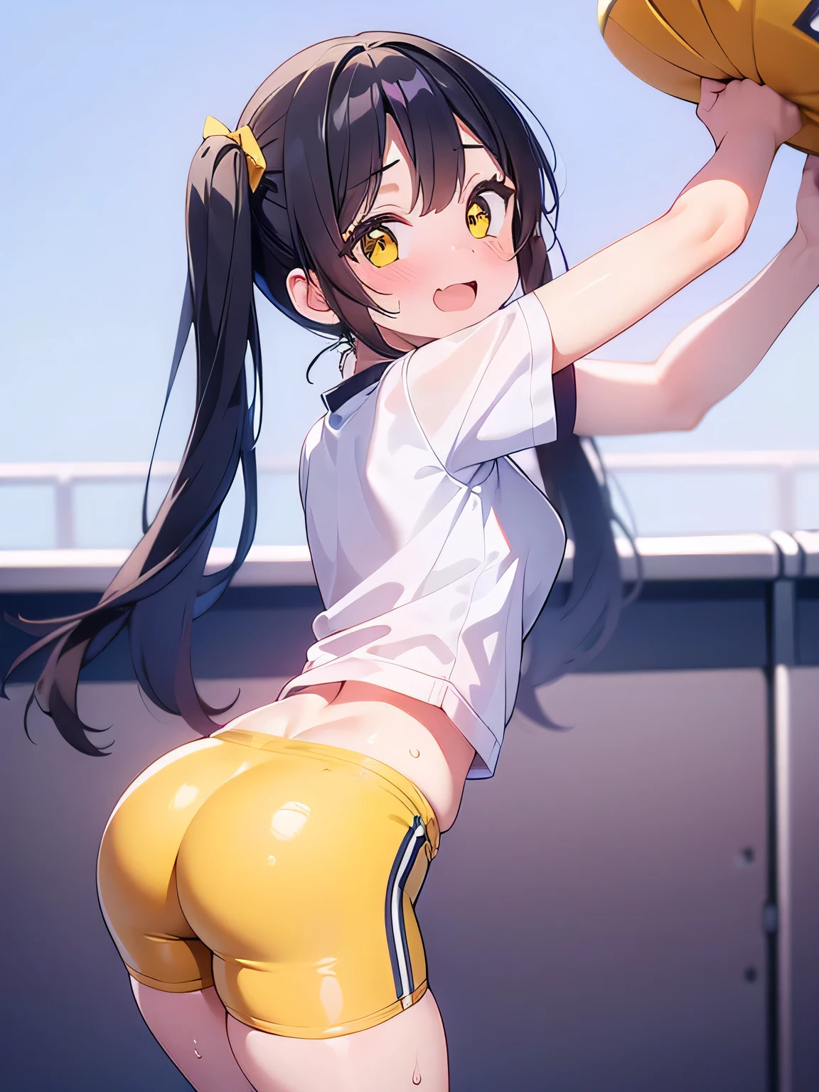 masterpiece,  top quality ,  1 girl,  Detailed Beautiful Face ,  longhair , twin tails,  black hair, ,  so embarrassed, (sweat), , Hello from below the crotch, Forward bending,  is standing, from behind, upside down, smile、yellow bike shorts、T-Shirts、Butt Emphasis