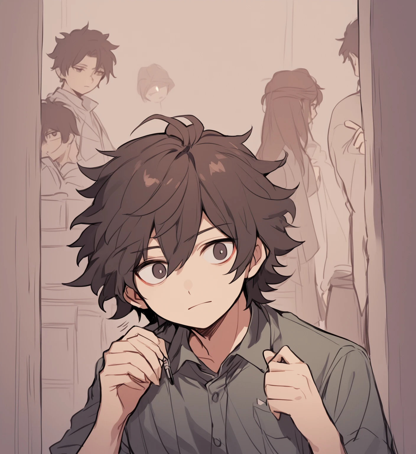 A young, reserved, and highly intelligent high school student who struggles with social interactions due to a deeply introverted nature. He has a sharp, calculating mind, often seen observing people from a distance rather than engaging in conversations. His appearance is unremarkable at first glance — messy dark hair, dark eyes, and a slightly aloof expression — but there's a noticeable intensity to his gaze. He often appears detached or indifferent, with a sarcastic streak, but underneath, he holds a strong sense of justice and is deeply loyal to the few people he trusts.