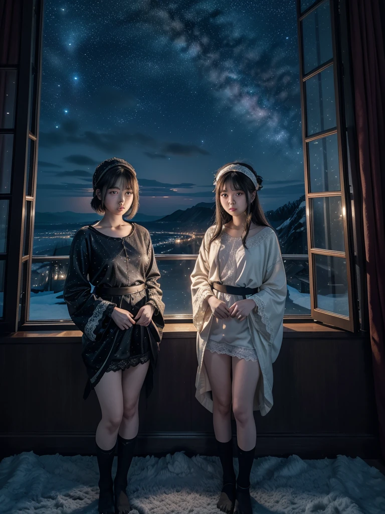  trending at cgstation, Ulzzang,  Gouvais-inspired artwork, With a cute face,  beautiful. beautiful顔.Two Women .(Nightsky.starry).window (8k)  Inside royal room. winter. fantasy. line-up group. Lace . Robe. Headband. Socks. Shorthair. Black .standing. (selfee)