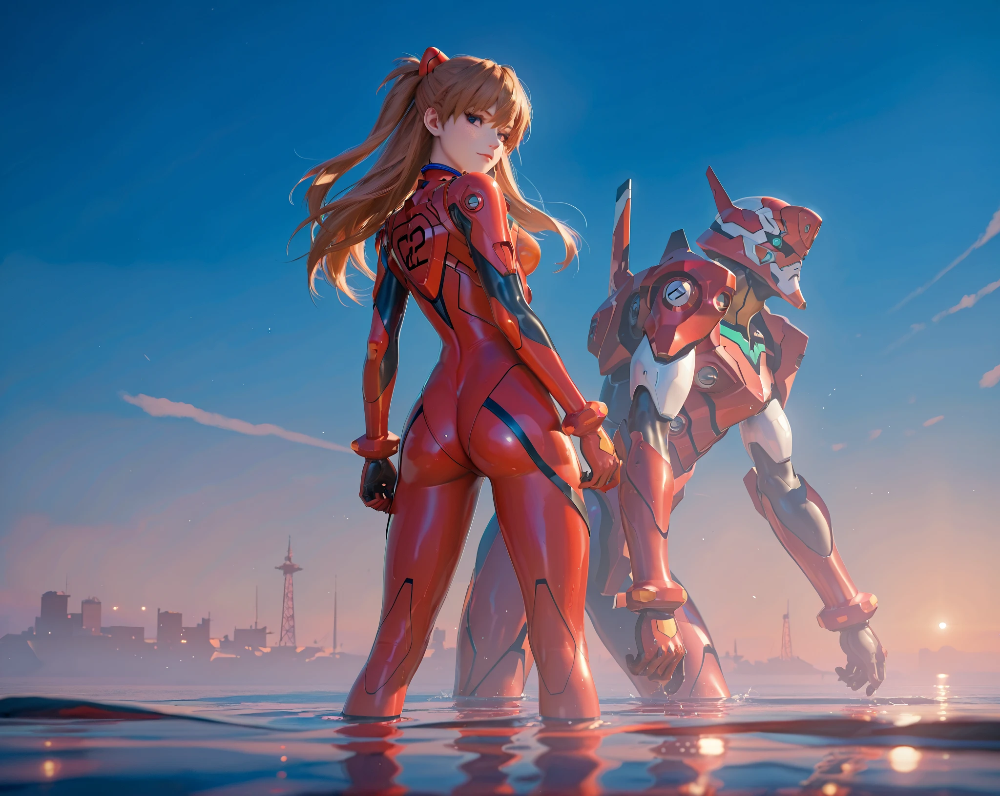 ( very detailed CG unity 8k wallpaper, masterpiece, source:anime, red sea, standing  best quality, ultra-detailed),3d,a beautiful female model, transparent red bodysuit, slowly fading away, detailed face, beautiful eyes, full lips, long lashes, flowing hair, elegant pose, Under an blue sky , by the red sea,  Orange Hair , dramatic lighting, ethereal, Surreal, dreamlike, mist, Fog, shimmer, glowing, 8k, high-quality, cinematic, masterpiece,1girl, full body, back view, looking at viewer, ass,heavy bodyarmor,shirogane, souryuu asuka langley, brown hair, two side up, bangs, freckles, long hair, blue eyes, red sea, Eva-02 is far in the background, red water, partially submerged, waterline
