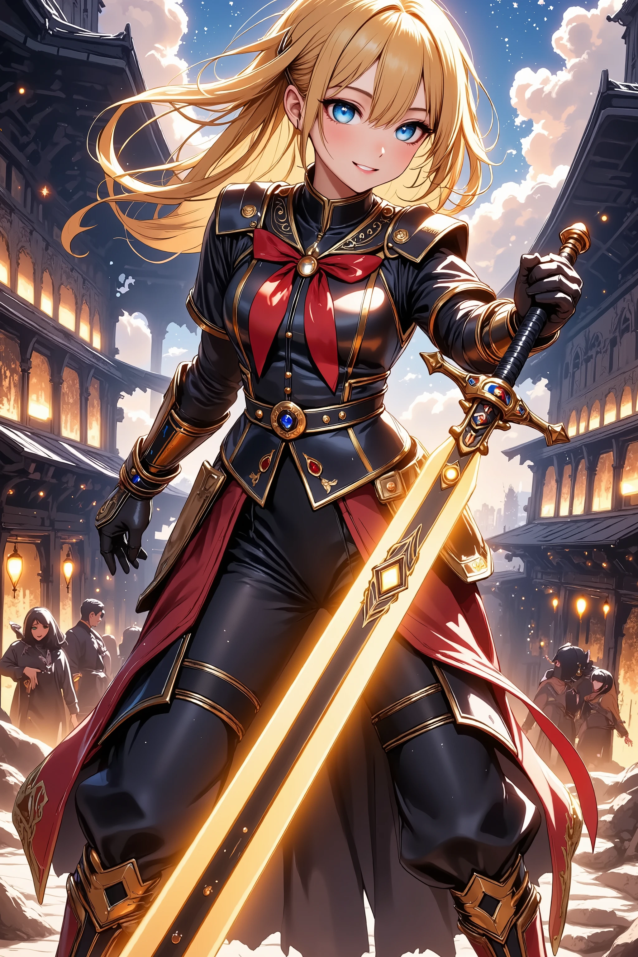  1 girl　+Master Swordsman　+ hold the sword　+Overwhelm Enemies 　+ninja　+Sengoku Warlord Armor　+The big picture　+Yellow Hair　+The dignity of the general　+Glossy tanned skin　+Magical sword that glows orange、
Battlefield　+ Night Sakura　+ Sword Effects