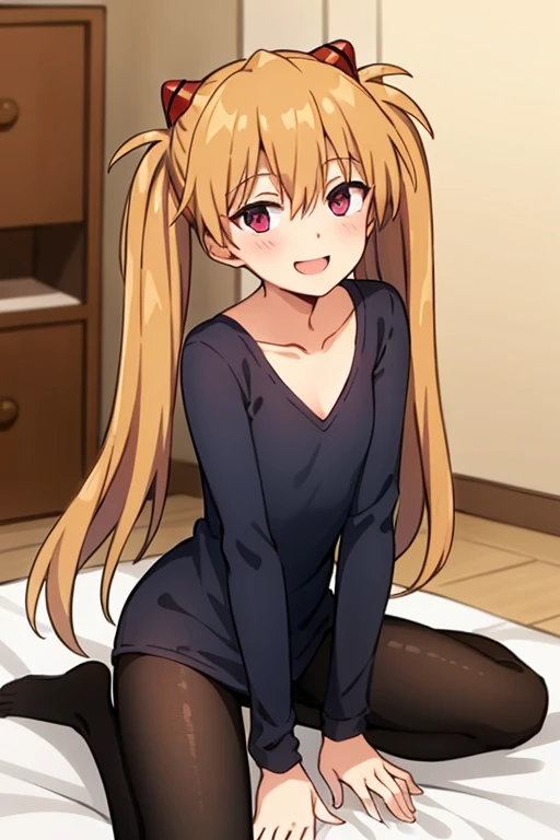 (( top quality )), ((masterpiece)), (be familiar with), perfect face, indoor, bedroom,  Watching Viewers ,
One woman,  Soryu Asuka Langley ,
開いた口,  ecstatic expression beside the piano, blush, smile,
 small tits,  flat chest, Young girl, Lori,  s,  girl,
 long hair,  twin tails,
Leg spread,