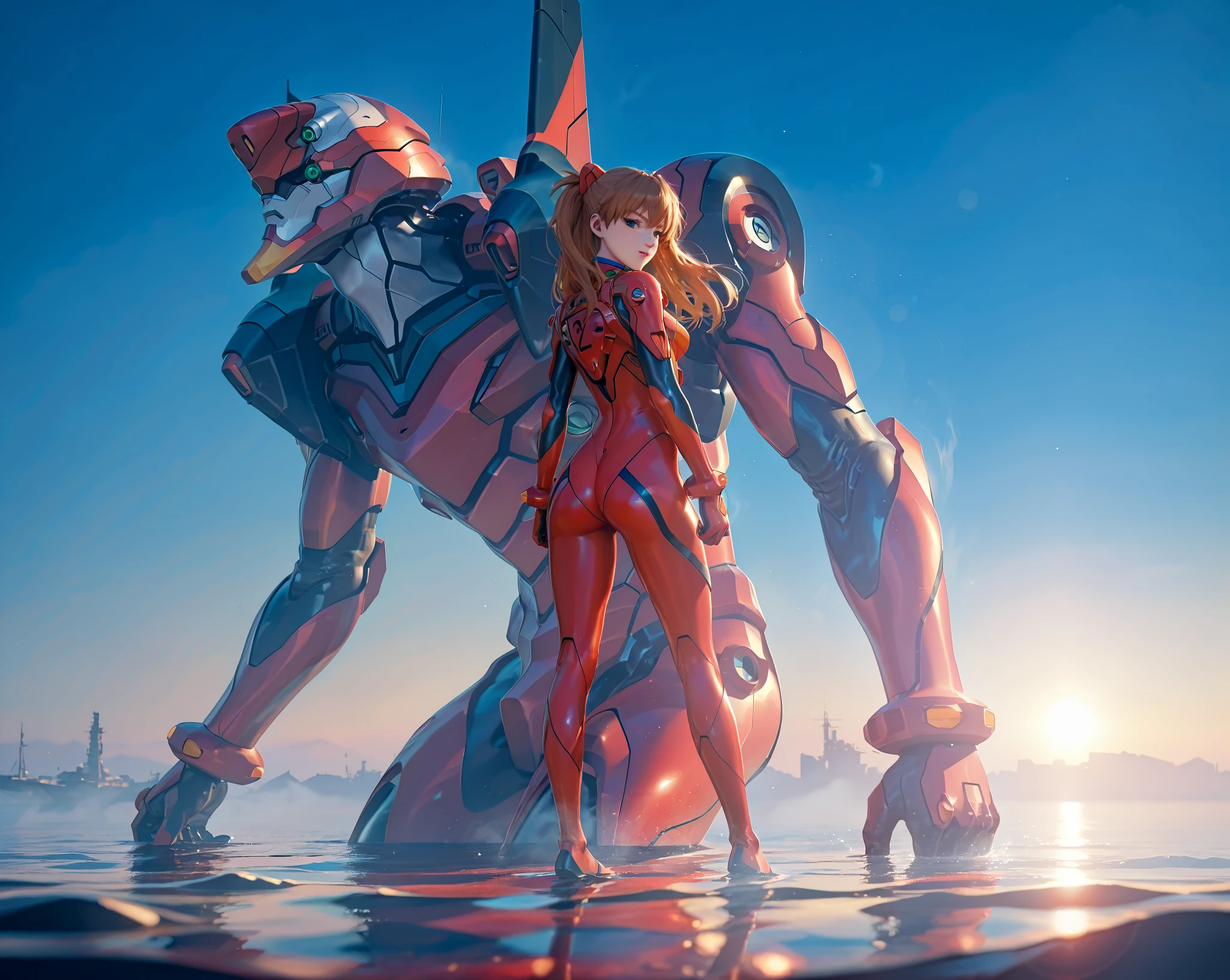 ( very detailed CG unity 8k wallpaper, masterpiece, source:anime, red sea, standing  best quality, ultra-detailed),3d,a beautiful female model, transparent red bodysuit, slowly fading away, detailed face, beautiful eyes, full lips, long lashes, flowing hair, elegant pose, Under an blue sky , by the red sea,  Orange Hair , dramatic lighting, ethereal, Surreal, dreamlike, mist, Fog, shimmer, glowing, 8k, high-quality, cinematic, masterpiece,1girl, full body, back view, looking at viewer, ass,heavy bodyarmor,shirogane, souryuu asuka langley, brown hair, two side up, bangs, freckles, long hair, blue eyes, red sea, Eva-02 is far in the background, red water, partially submerged, waterline
