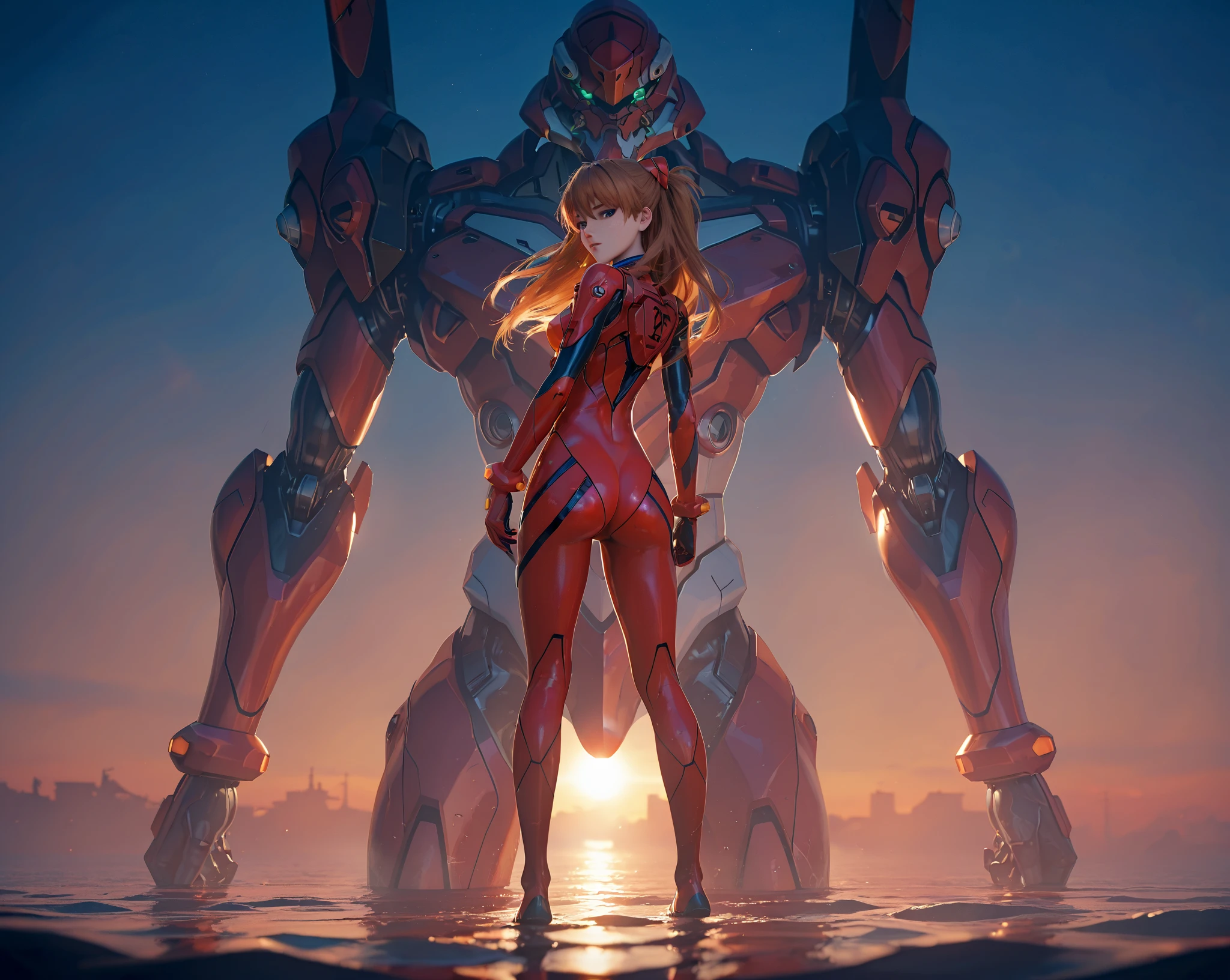 ( very detailed CG unity 8k wallpaper, masterpiece, source:anime, red sea, standing  best quality, ultra-detailed),3d,a beautiful female model, transparent red bodysuit, slowly fading away, detailed face, beautiful eyes, full lips, long lashes, flowing hair, elegant pose, Under an blue sky , by the red sea,  Orange Hair , dramatic lighting, ethereal, Surreal, dreamlike, mist, Fog, shimmer, glowing, 8k, high-quality, cinematic, masterpiece,1girl, full body, back view, looking at viewer, ass,heavy bodyarmor,shirogane, souryuu asuka langley, brown hair, two side up, bangs, freckles, long hair, blue eyes, red sea, Eva-02 is far in the background, red water, partially submerged, waterline
