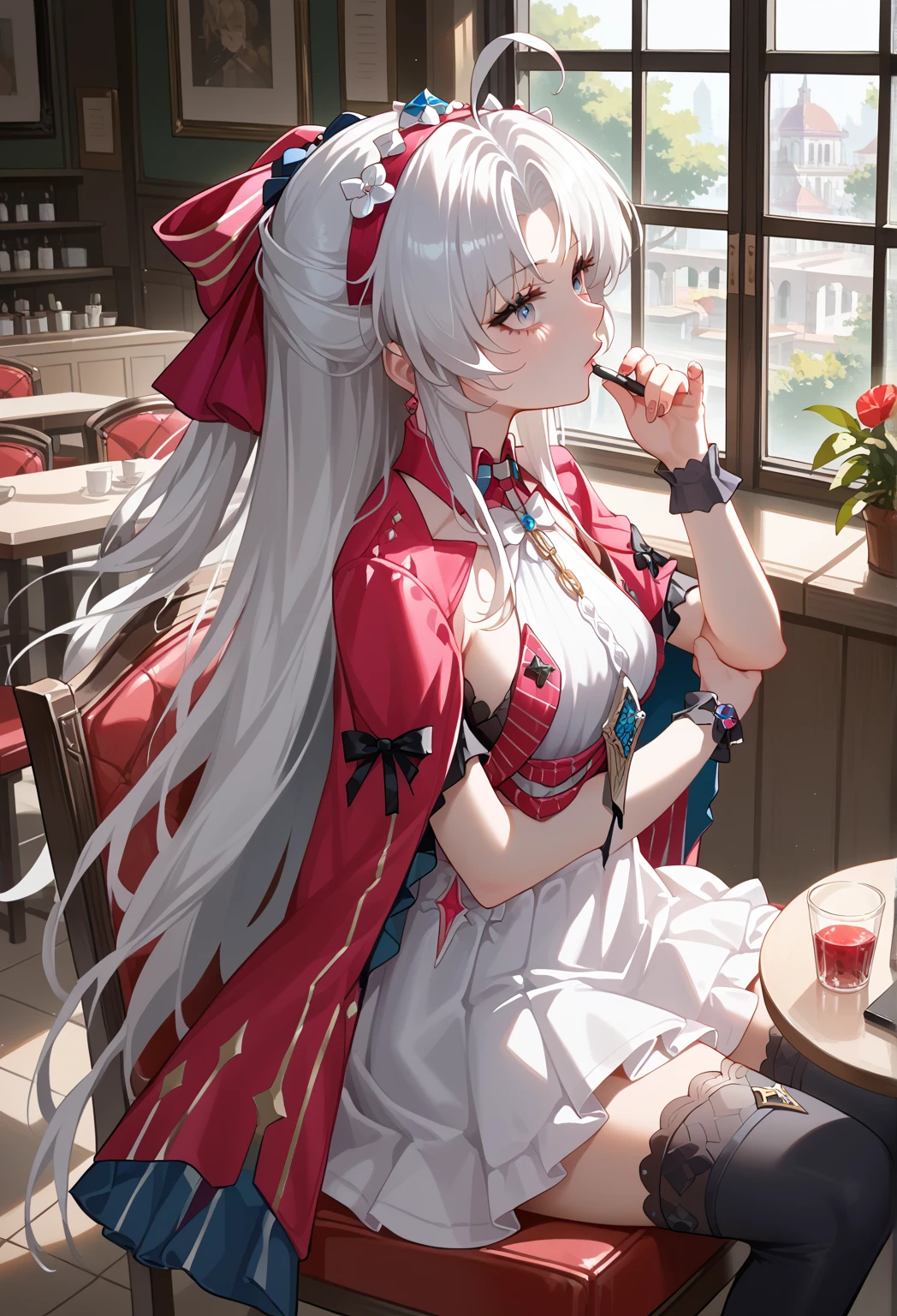 score_9, score_8_up, score_7_up, BREAK source_anime, (masterpiece), (best quality), 1girl, long hair, white hair, ahoge, dress, thighhighs, closeup upper body, sitting on chair, cafe, kiss, grabbing a pen, (from above:0.6), (from side:0.6), (ultra detailed), shine, looking at viewer, no emotion, bicolored eyes, sunlight, 