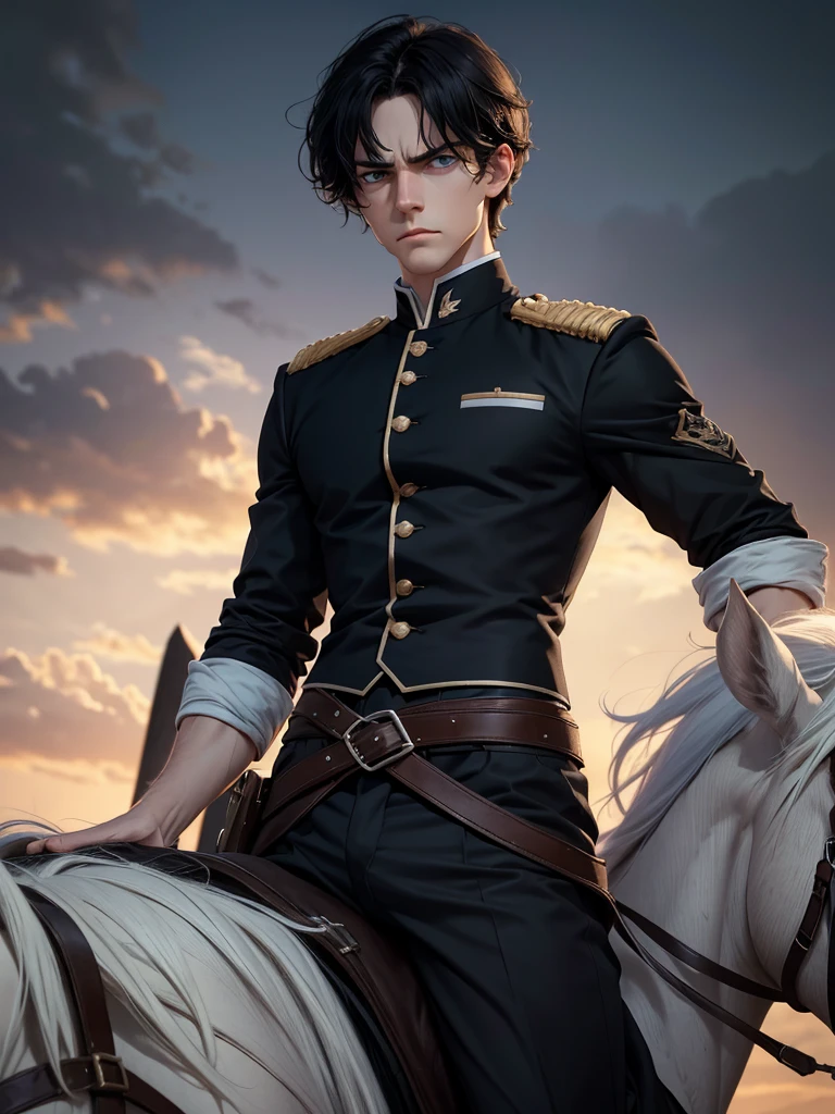 (best quality), 1boy, young boy, ish, pale skin, black hair, medium hair, fluffy hair, swept bangs, blue eyes, perfect eyes, dark circles under eyes, scowling, furrowed brows, equestrian uniform, lanky body, masterpiece, anatomically correct, highres
