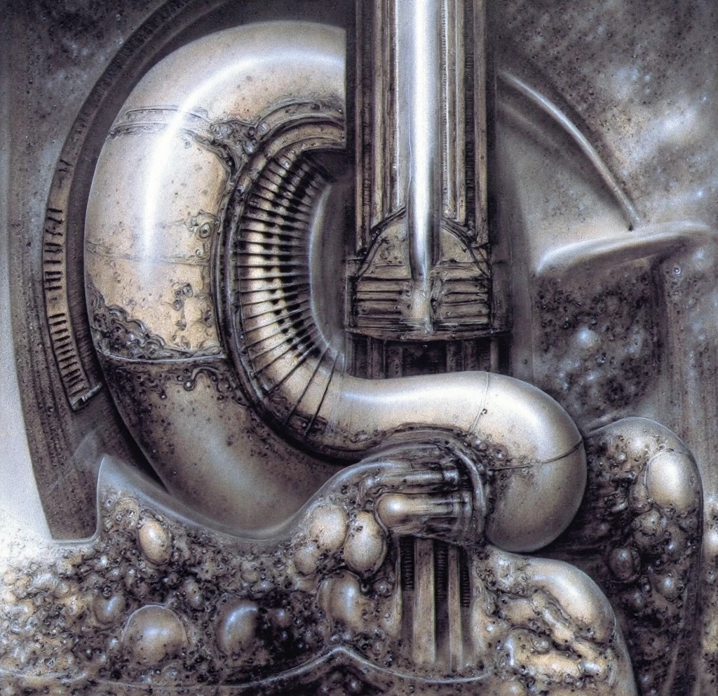 H. R. Giger's g1g3r, , Giger_style, The image is a detailed view of H.R. Giger's \" NECRONOM IV \" plate, featuring . The artistic manner would be unmistakably Gigeresque. A dark and unsettling beauty would permeate the piece, blurring the lines between fascination and repulsion , forever haunted by the grotesque allure. Giger's signature artistic manner would be evident in every stroke. The artist has used careful linework to depict the contours and textures in the piece, (Triadic:1.1), (Proportion:1.1),  , (Reflected light:1.2), Parchment, Octagon, ultra detailed, intricate,, dry b (best quality:1.4), H.R. GIGER,  BY GIGER