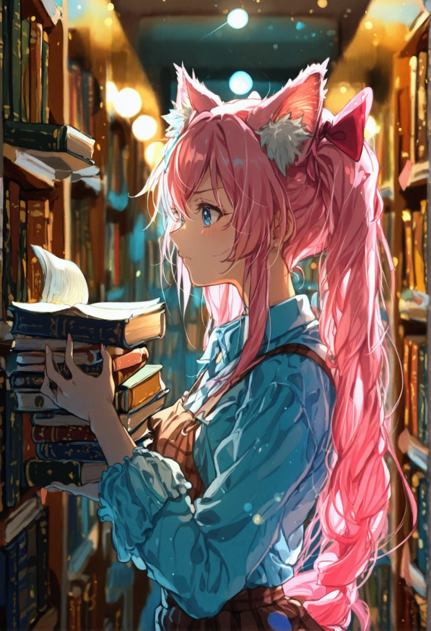 masterpiece,  top quality ,  ultra detail,  cute anime ,  interface design background {x} hard studying girl with cat ears struggling to keep a high pile of books evenly in the library.  real cats jump on stacks , Books scattered , interface design background , 、 the girl with pink hair 、 blue eyes、 twin drill