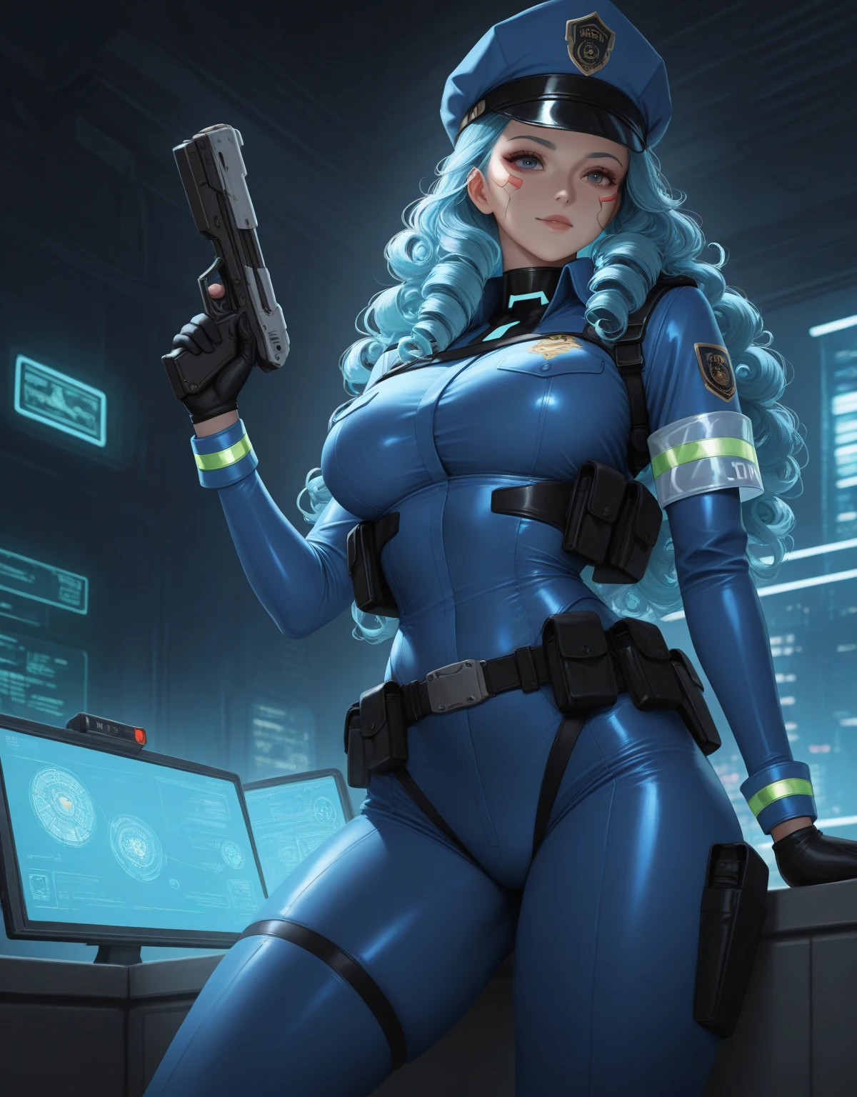 sci-fi, high technology, cyberpunk policewoman,with long curly hair ,  precise and perfect anatomy ,  UHD quality 32K resolution 