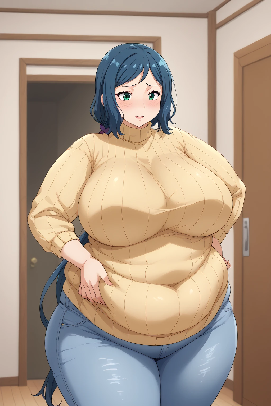  Iori Rinko, Rinko Iori, long hair,紺色の髪, low ponytail, Purple scrunchie,  green eyes,(( yellow sweater)), Navy blue jeans ,Obese middle-aged woman, troubled expression, embarrassing expression ,milf, chubby,(bedroom), score_9,  score_8_ up、 score_7_ up、 score_6_ up、 score_5_ up、 score_4_ up、 masterpieces at the front door of the house、 top quality , A beautiful woman with an obese figure,  absurd、 Source_ anime anime screencap,  one woman、Alone、 personal  、Super huge breasts,  super huge clevis、Super huge, Super huge boob,Curvy、 wide hips、