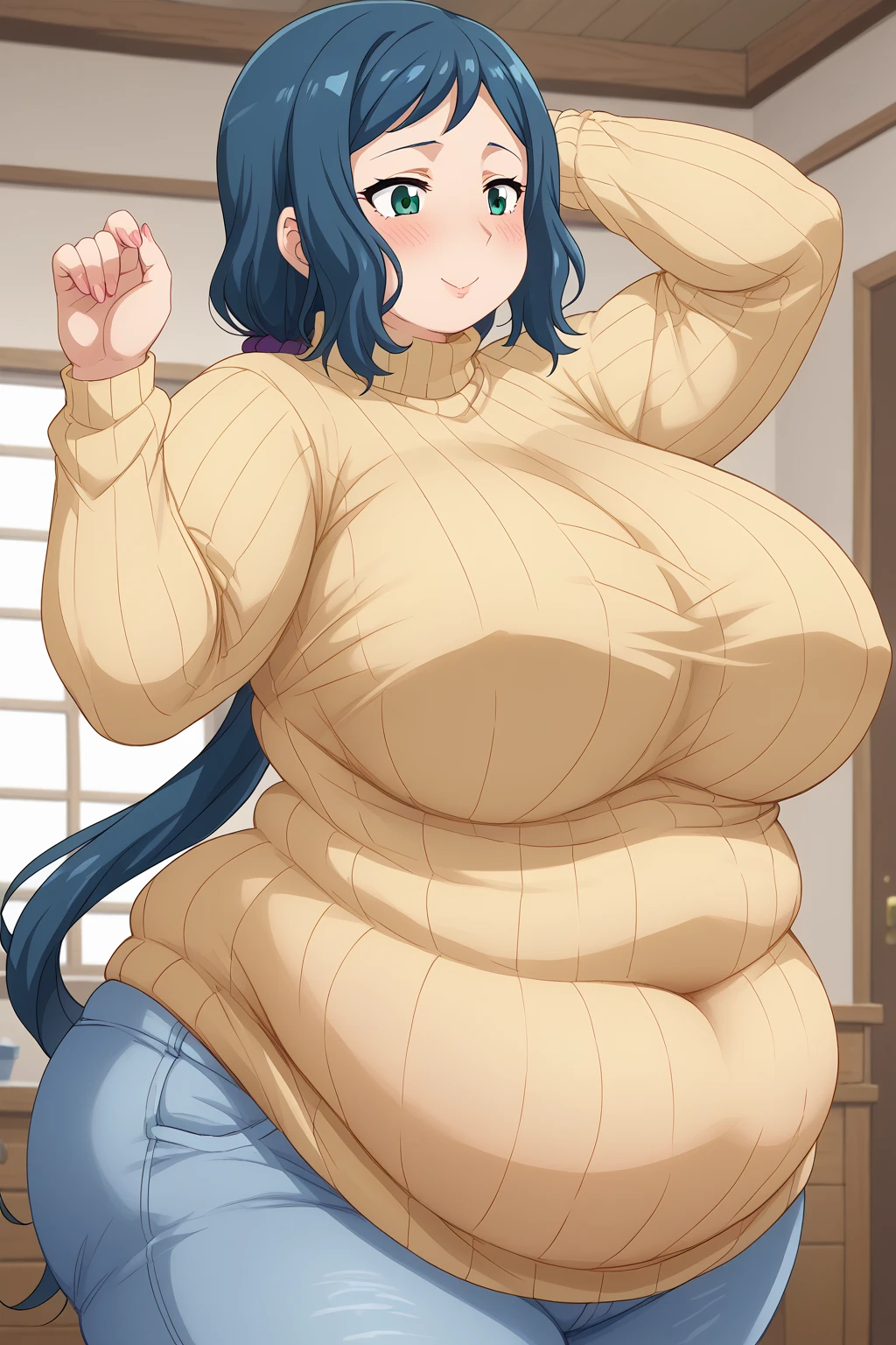  Iori Rinko, Rinko Iori, long hair,紺色の髪, low ponytail, Purple scrunchie,  green eyes, yellow sweater, long sleeve sweater, Navy blue jeans ,Obese middle-aged woman, troubled expression, embarrassing expression ,milf,A woman with body odor ,A woman with smelly armpits ,Body odor,Postures that show off armpits, chubby,(bedroom), score_9,  score_8_ up、 score_7_ up、 score_6_ up、 score_5_ up、 score_4_ up、 masterpieces at the front door of the house、 top quality , A beautiful woman with an obese figure,  absurd、 Source_ anime anime screencap,  one woman、Alone、 personal  、Super huge breasts,  super huge clevis、Super huge, Super huge boob,Curvy、 wide hips、