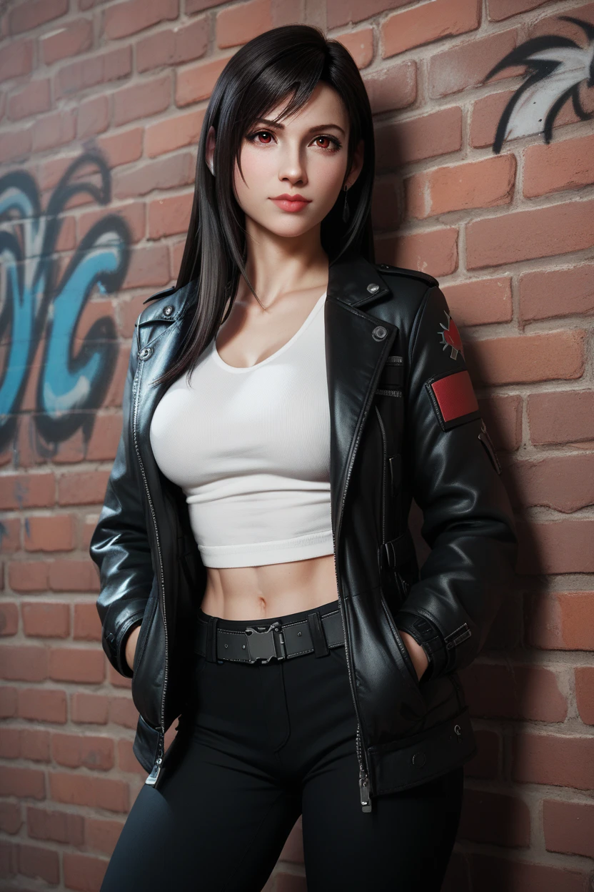 score_9, score_8_up, score_7_up,
FF7Tifa, 1girl, black hair, red eyes, long hair, looking at viewer, leaning against a brick wall, hands in jacket pockets, urban alleyway with graffiti art, moody lighting with shadows, edgy and modern vibe