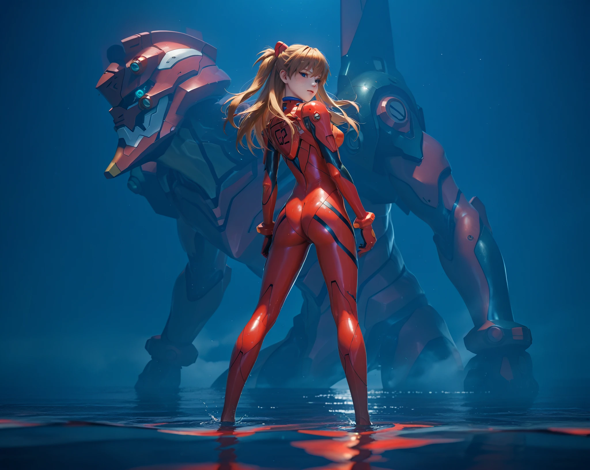 ( very detailed CG unity 8k wallpaper, masterpiece, source:anime, red sea, standing  best quality, ultra-detailed),3d,a beautiful female model, transparent red bodysuit, slowly fading away, detailed face, beautiful eyes, full lips, long lashes, flowing hair, elegant pose, Under an blue sky , by the red sea,  Orange Hair , dramatic lighting, ethereal, Surreal, dreamlike, mist, Fog, shimmer, glowing, 8k, high-quality, cinematic, masterpiece,1girl, full body, back view, looking at viewer, ass,heavy bodyarmor,shirogane, souryuu asuka langley, brown hair, two side up, bangs, freckles, long hair, blue eyes, red sea, Eva-02 is far in the background, red water, partially submerged, waterline
