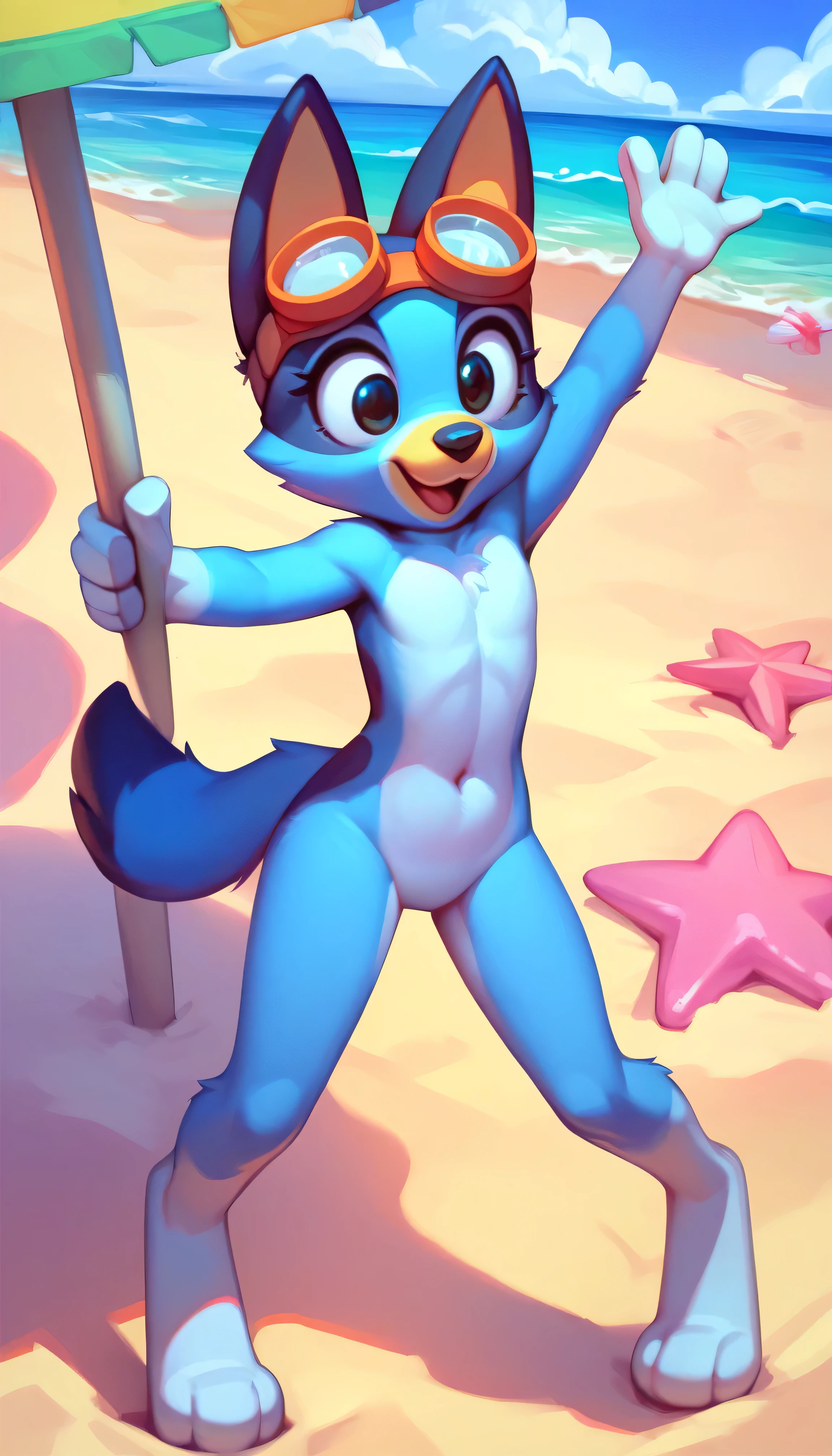 score_9, score_8_up, score_8, 1girl, source_cartoon, source_furry, bluey heeler, furry girl, anthro, furry, tail, blue body, animal ears, :3, like joy, whimsical, mischievous, feminine, female, slender figure, slim body, ((short body, tiny body)), detailed fur texture, ((goggles, midriff, naked)), full body, feets with three toes, navel, beach, clear sky, navel, gorgeous body, standing,