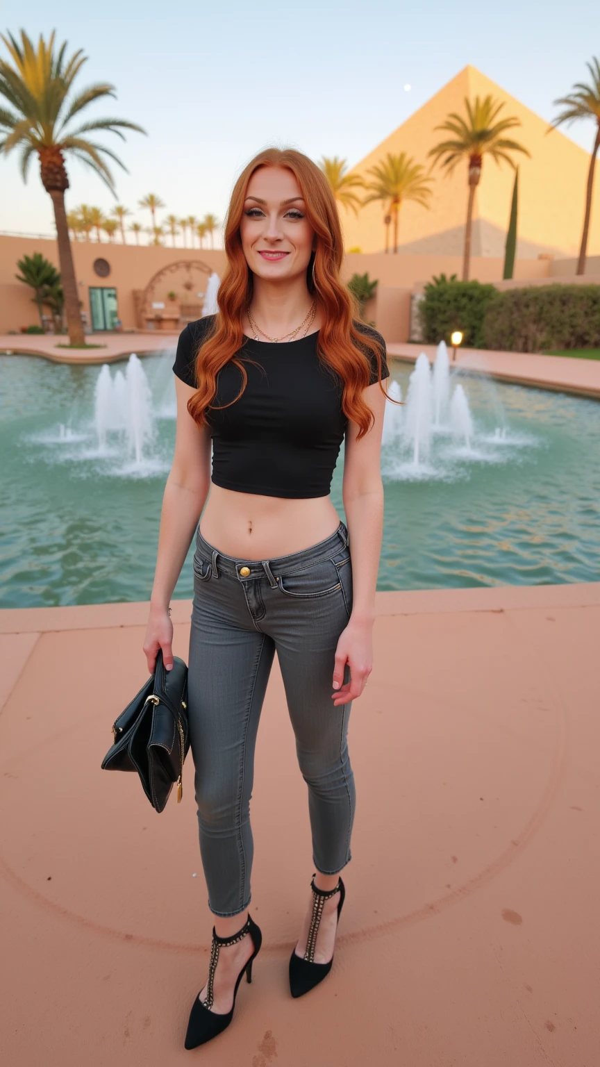 mulher extremamente linda, standingn, frente, ((grass green eyes)), (((perfect eye))), (((redhead))), usando top curto e colado branco, short skinny jeans, in a stunning setting, Pyramid on the ground in the background, Oasis with palm trees, fim de tarde, live lighting, cores vivas