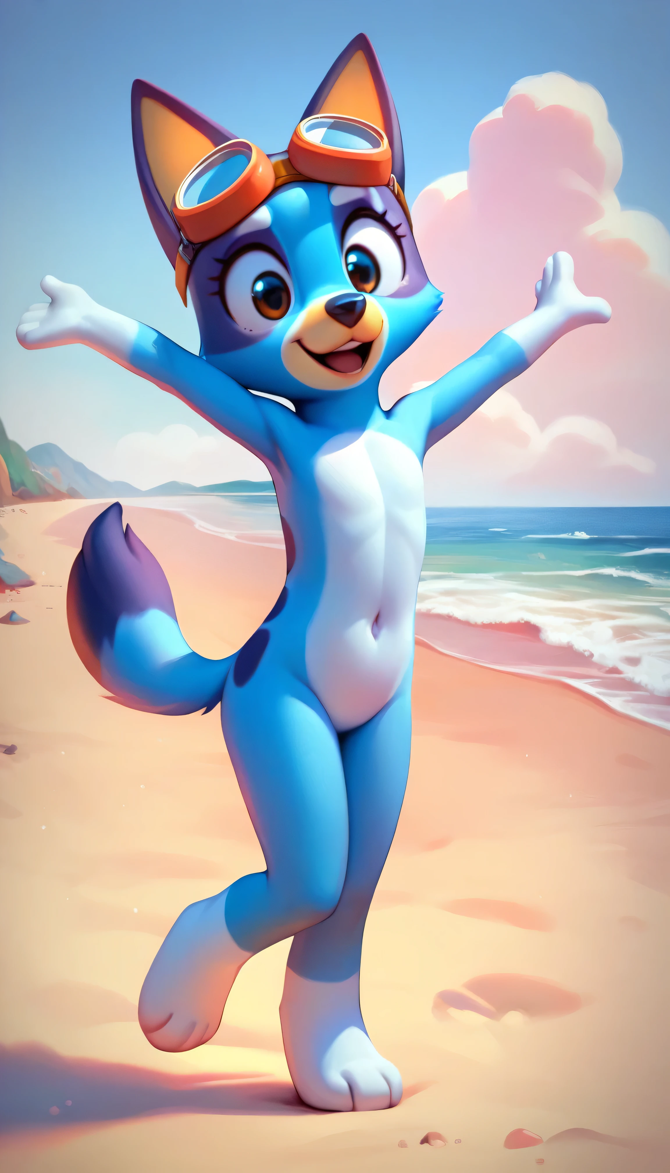 score_9, score_8_up, score_8, 1girl, source_cartoon, source_furry, bluey heeler, furry girl, anthro, furry, tail, blue body, animal ears, :3, like joy, whimsical, mischievous, feminine, female, slender figure, slim body, ((short body, tiny body)), detailed fur texture, ((goggles, midriff, naked)), full body, feets with three toes, navel, beach, clear sky, navel, gorgeous body, standing,