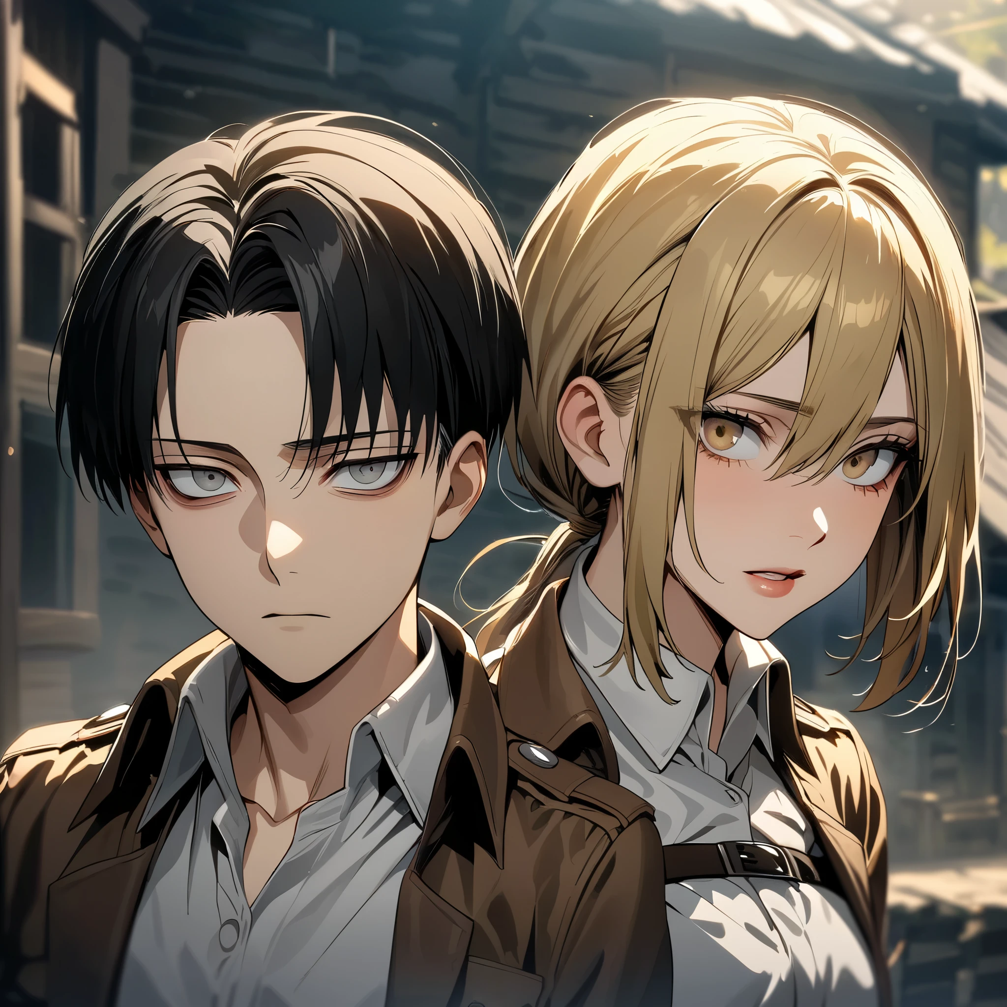  super detailed ,  high definition , absurdres , HDR, Levi Ackerman,  black hair,  grey eyes , Shingeki no Kyojin ,  extremely beautiful,  1 man with 1 woman ,  has yellow hair and brown eyes ,  woman is part of the ,brown-eyed woman ,  the woman has two short hair ponytails and bangs between her eyes,  full-length portraits ,  Dark atmosphere ,  only two people  