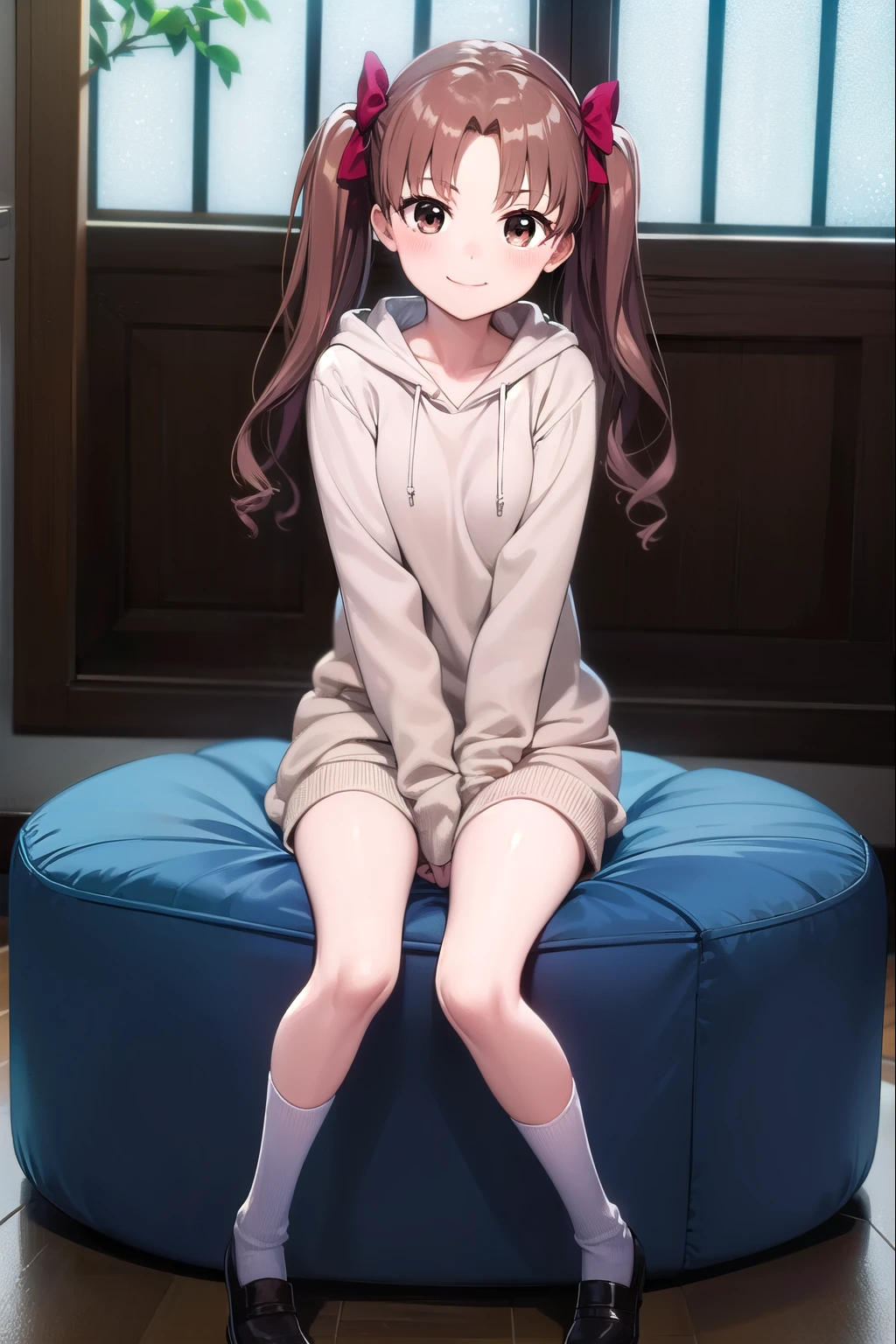 's greatest masterpiece，One young girl, Alone,   long hair, Chest,   show viewer  ,smile,  brown hair,   hoodie, bow,   twin tails,   brown eyes,  knitted dress, hair bow,  knee socks:1.3, indoor,   clitoris:1.3， clevis on a stone，Excited facial expression:1.4, Kuroko Shirai, blush， playful gesture，