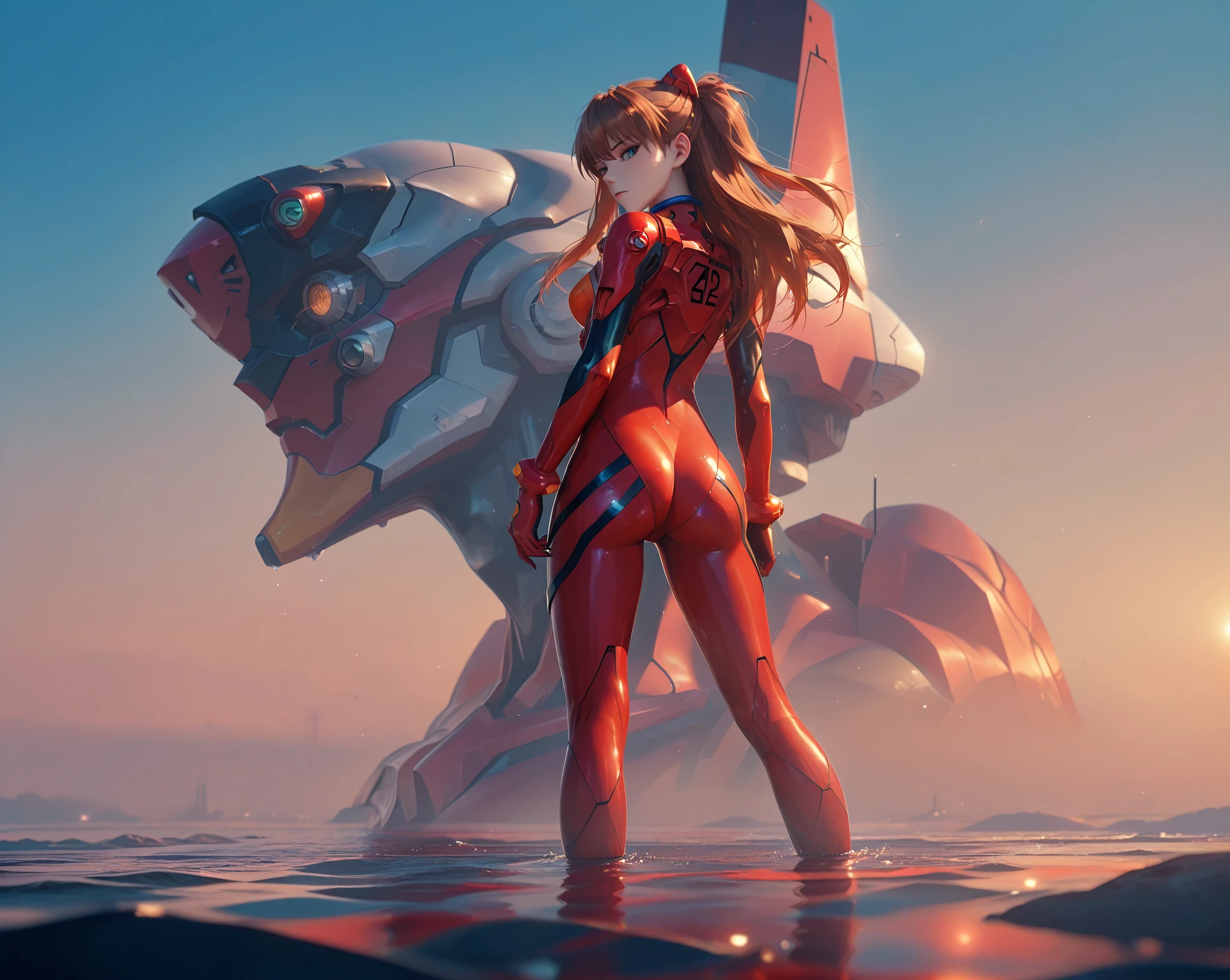 ( very detailed CG unity 8k wallpaper, masterpiece, source:anime, red sea, standing  best quality, ultra-detailed),3d,a beautiful female model, transparent red bodysuit, slowly fading away, detailed face, beautiful eyes, full lips, long lashes, flowing hair, elegant pose, Under an blue sky , by the red sea,  Orange Hair , dramatic lighting, ethereal, Surreal, dreamlike, mist, Fog, shimmer, glowing, 8k, high-quality, cinematic, masterpiece,1girl, full body, back view, looking at viewer, ass,heavy bodyarmor,shirogane, souryuu asuka langley, brown hair, two side up, bangs, freckles, long hair, blue eyes, red sea, Eva-02 is far in the background, red water, partially submerged, eyesHD
high gradient eyes
detailed eyes
high definition eyes