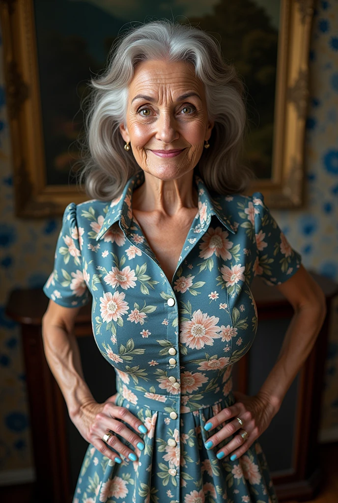 A real photograph of a stunningly beautiful elderly++++ grandmother with a very thin body and huge monstrous tits. Her fingernails are perfectly manicured and are extremely long and painted blue. The fingers and fingernails are perfectly shaped. She has a radiant and beautiful smile as she looks through the camera while standing in the living room. She is wearing a collard short sleeve flared skirt shirtwaist print dress. She has long greying hair and is standing with both hands on her hips with her fingernails visible. The background is complex.  Her fingernails are super long.