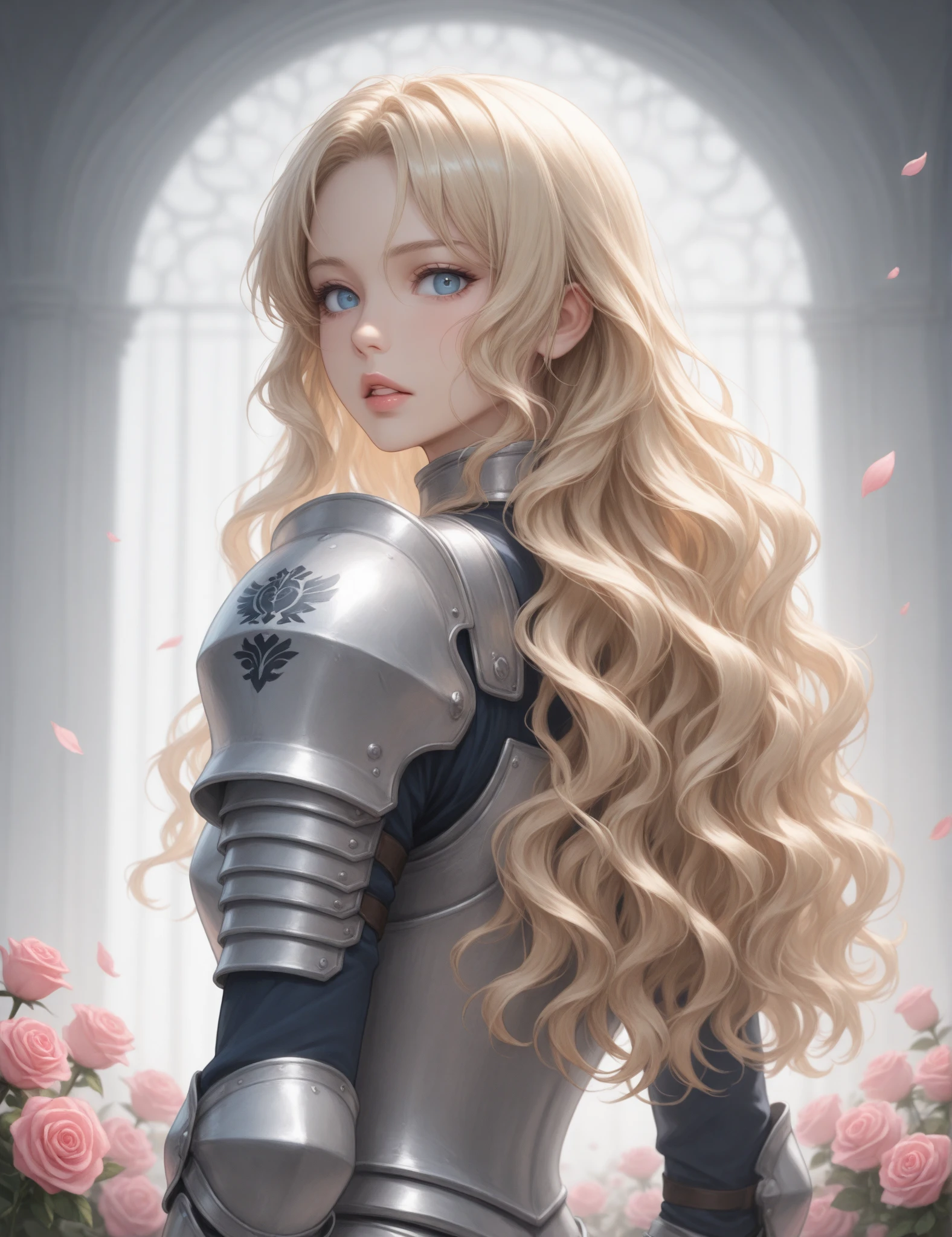 IllusP0s, 1girl, long hair, looking at viewer, blue eyes, blonde hair, long sleeves, upper body, flower, parted lips, looking back, from behind, armor, uniform, lips, petals, rose, wavy hair, shoulder armor, pink flower, pink rose
