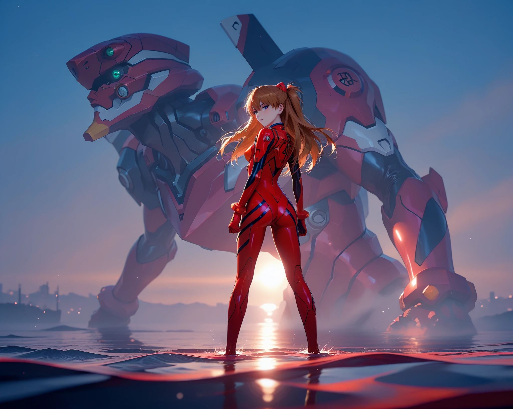 ( very detailed CG unity 8k wallpaper, masterpiece, source:anime, red sea, standing  best quality, ultra-detailed),3d,a beautiful female model, transparent red bodysuit, slowly fading away, detailed face, beautiful eyes, full lips, long lashes, flowing hair, elegant pose, Under an blue sky , by the red sea,  Orange Hair , dramatic lighting, ethereal, Surreal, dreamlike, mist, Fog, shimmer, glowing, 8k, high-quality, cinematic, masterpiece,1girl, full body, back view, looking at viewer, ass,heavy bodyarmor,shirogane, souryuu asuka langley, brown hair, two side up, bangs, freckles, long hair, blue eyes, red sea, Eva-02 is far in the background, red water, partially submerged, eyesHD
high gradient eyes
detailed eyes
high definition eyes