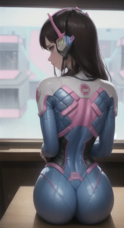 D.va, glaring at viewer, SFW clothing, back view, POV,