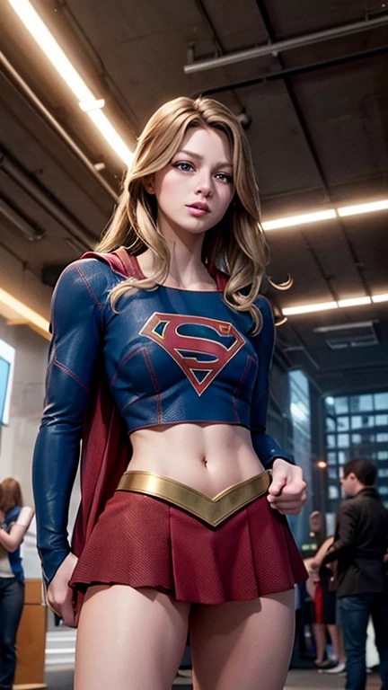 ((high resolution)), ((pale skin)), freckled, Taylor Swift, blushing cheeks, wavy hair, smiling, dressed as Supergirl