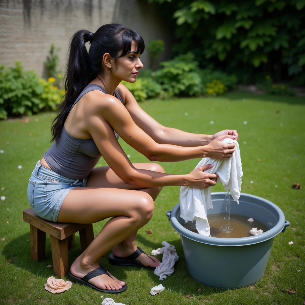 dslr photo, photograph, nikon, solo, 1girl, pretty woman, a four-armed young washer woman sits on a stool by a washtub in her backyard, (pretty indian woman who looks like padma lakshmi), (zoomed out), full body view, the four-armed woman is focused on washing clothes by hand, she is holding a rinsed cloth up with her upper hands as she inspects it and her lower arms are washing laundry in the washtub, she is wearing a tank top and shorts and her long black hair is tied into a ponytail, bangs, (wide shoulders), (woman with four arms), (four arms), (four shoulders), outdoors, green grass, summer, (two legs), (sandals)