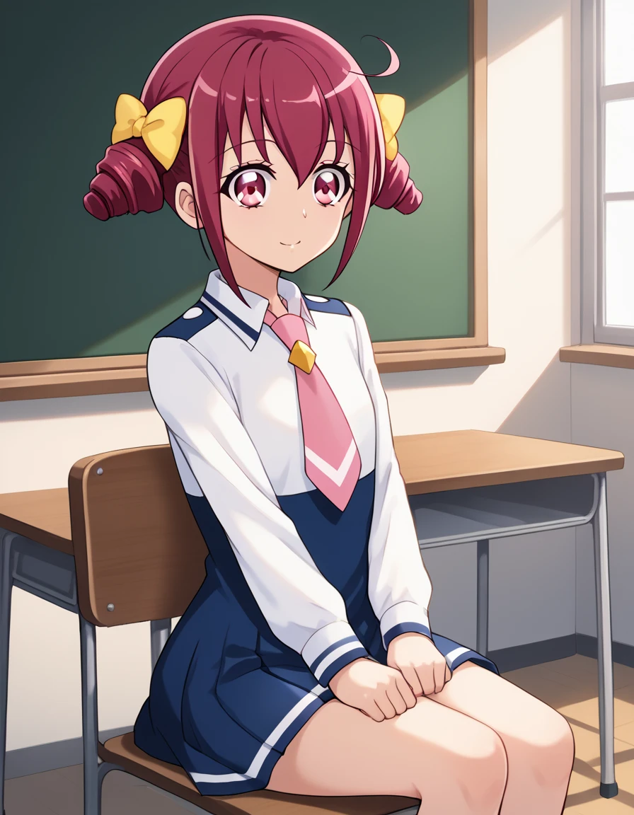 score_9,  Source_Anime, rating_SAFETY BREAK 1GIRL , solo
hoshizora miyuki ,  pink hair,  twin drill, pink eye,  Izugaoka Junior High School Uniforms ,  Pink Necktie 、(classroom)、 cowboy shot、  sits on a chair