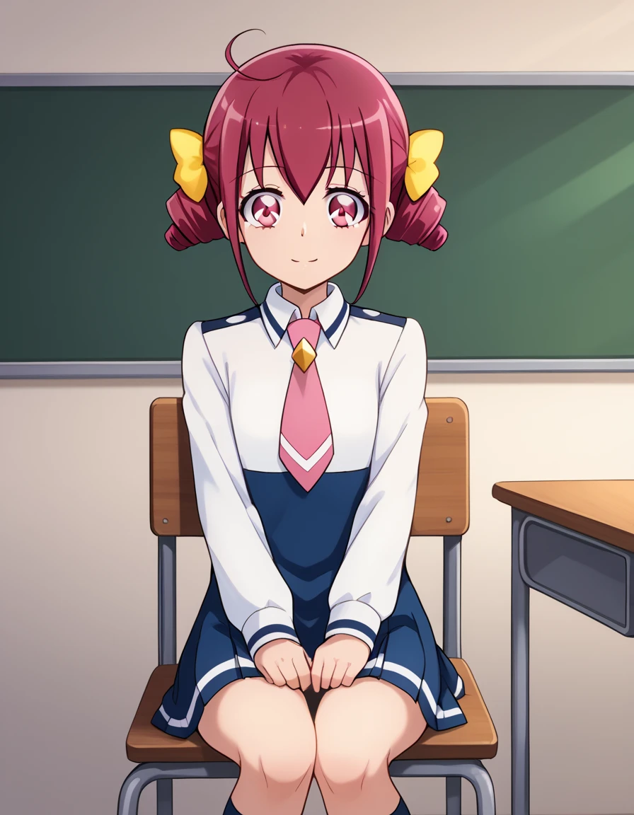 score_9,  Source_Anime, rating_SAFETY BREAK 1GIRL , solo
hoshizora miyuki ,  pink hair,  twin drill, pink eye,  Izugaoka Junior High School Uniforms ,  Pink Necktie 、(classroom)、 cowboy shot、  sits on a chair