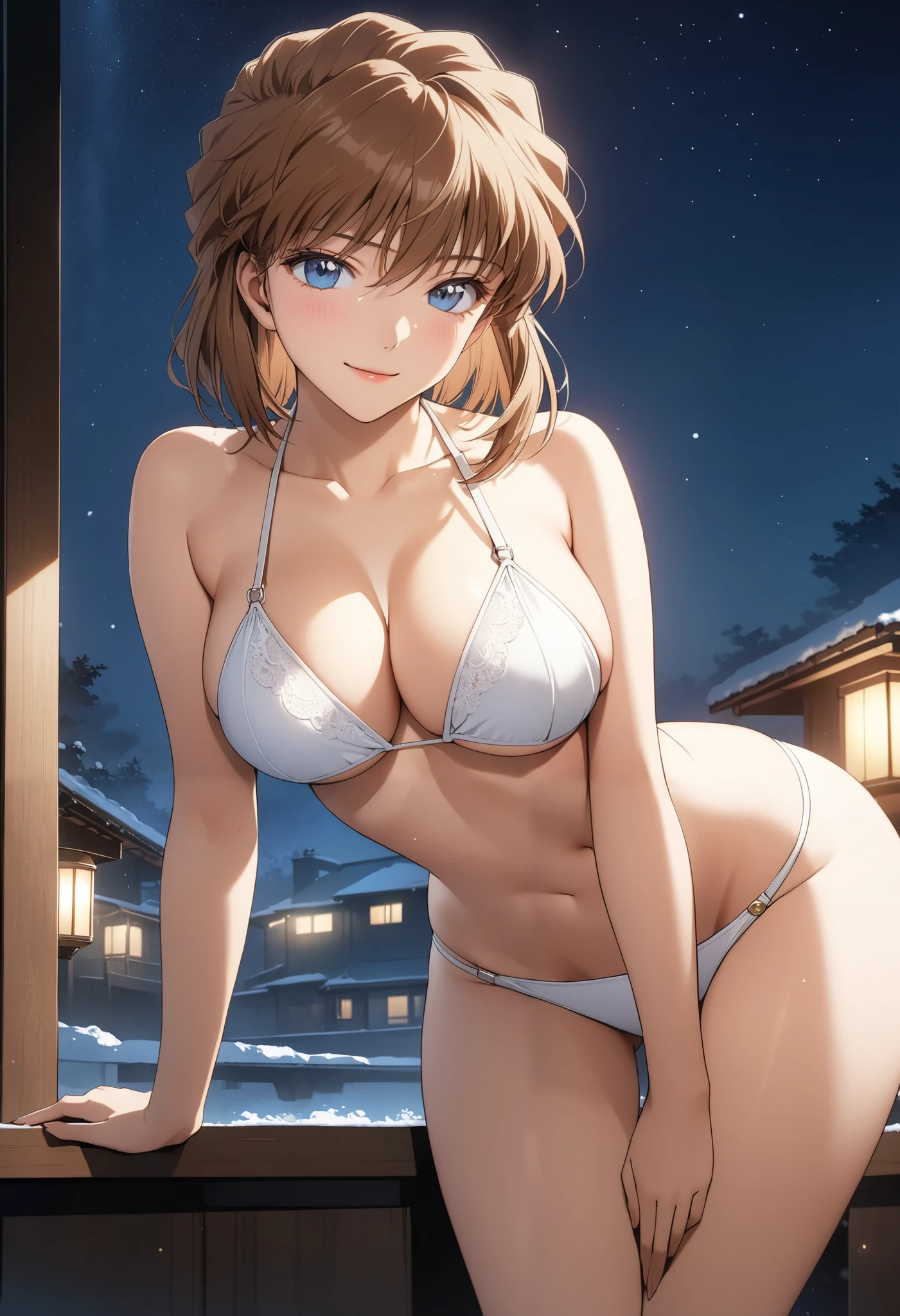 masterpiece, Best Quality, High resolution,16k,official art,super detailed skin,detailed,animated painting,Anime-style painting style, 1990s \(style\),(F cup beautiful breasts)、clevage,underboob,25years old, (tall:1.2),height: 175cm,Fashion model body type, Miyano Shiho, 1girl, solo,light smile, brown hair, blue eyes, semi-long cut hair,breasts,medium breasts, (white bikini lace underware:1.3) , (Miyano Shiho),sexy,blush,shy, Anime-style painting style,Close-up of the full body,Cinematic lighting,superfine,magnificent view ,looking at viewer,in the room,night,winter,(sexy),extreme closeup
