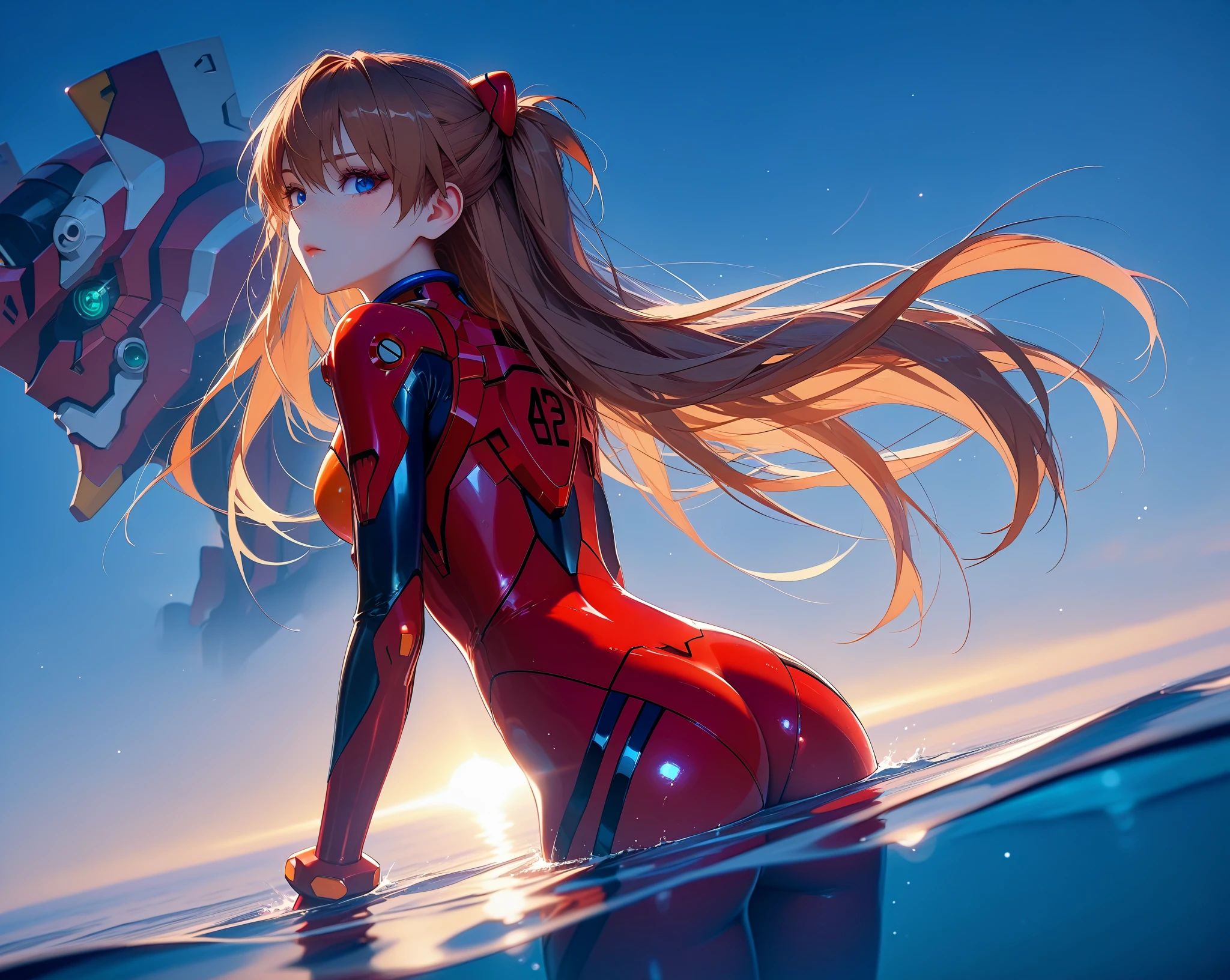 ( very detailed CG unity 8k wallpaper, masterpiece, source:anime, red sea, best quality, ultra-detailed),3d,a beautiful female model, transparent red bodysuit, slowly fading away, detailed face, beautiful eyes, full lips, long lashes, flowing hair, elegant pose, Under an blue sky , by the red sea,  Orange Hair , dramatic lighting, ethereal, Surreal, dreamlike, mist, Fog, shimmer, glowing, 8k, high-quality, cinematic, masterpiece,1girl, full body, back view, looking at viewer, ass,heavy bodyarmor,shirogane, souryuu asuka langley, brown hair, two side up, bangs, freckles, long hair, blue eyes, red sea, Eva-02 is far in the background, red water, partially submerged, eyesHD
high gradient eyes
detailed eyes
high definition eyes