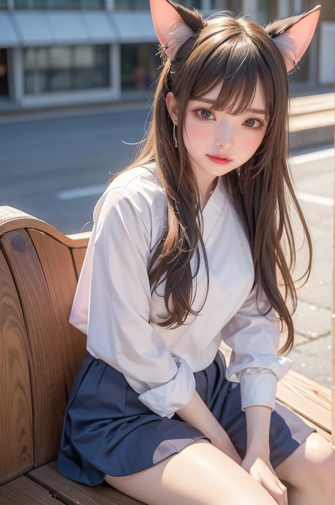 Pretty 14-year-old girl with long straight hair posing in a wine-red dress in the evening while sitting on a bench. 8k quality, realist, Ultra quality