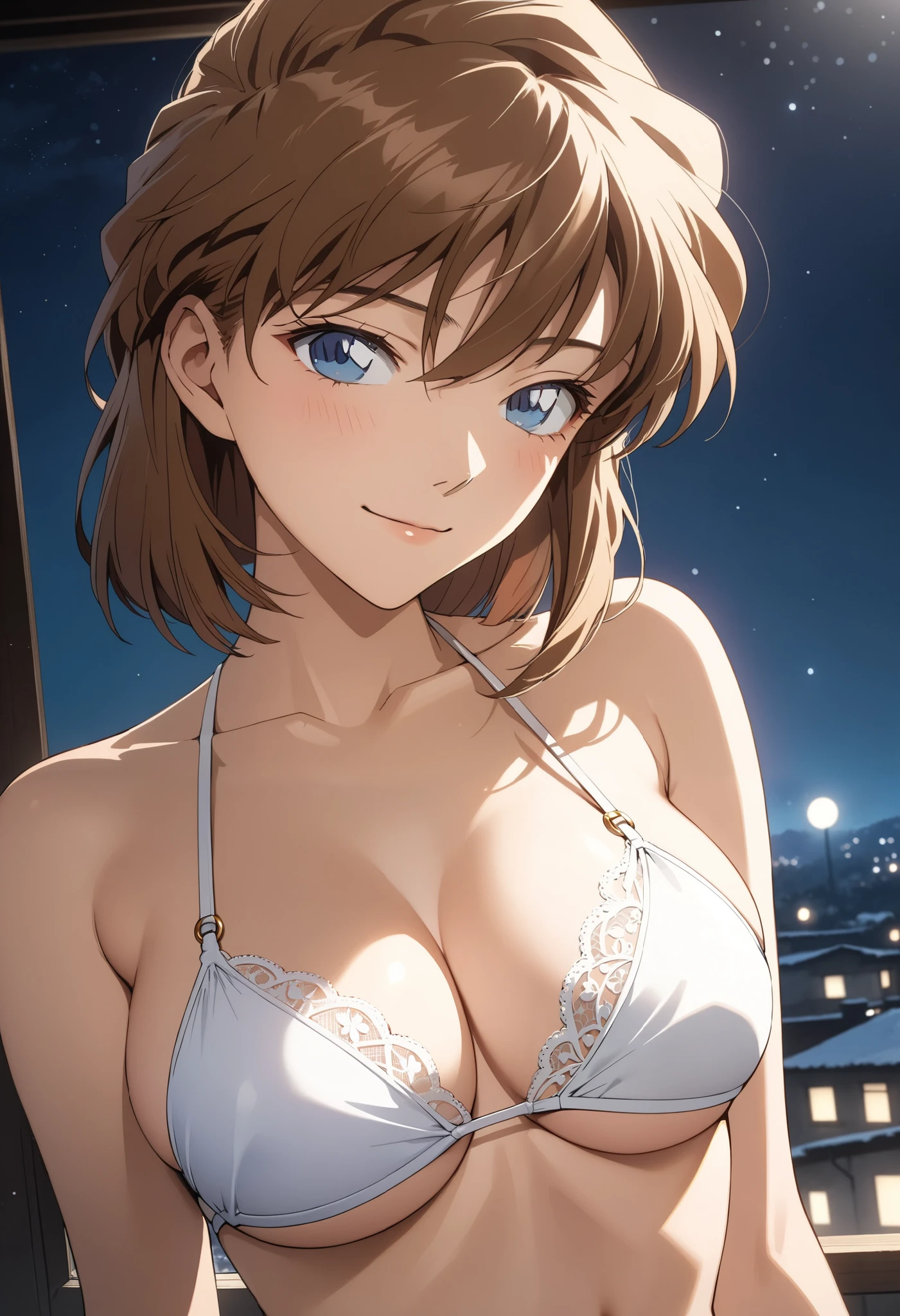 masterpiece, Best Quality, High resolution,16k,official art,super detailed skin,detailed,animated painting,Anime-style painting style, 1990s \(style\),(F cup beautiful breasts)、clevage,underboob,25years old, (tall:1.2),height: 175cm,Fashion model body type, Miyano Shiho, 1girl, solo,light smile, brown hair, blue eyes, semi-long cut hair,breasts,medium breasts, (white bikini lace underware:1.3) , (Miyano Shiho),sexy,blush,shy, Anime-style painting style,Close-up of the upper body,Cinematic lighting,superfine,magnificent view ,looking at viewer,in the room,night,winter,(sexy),extreme closeup
