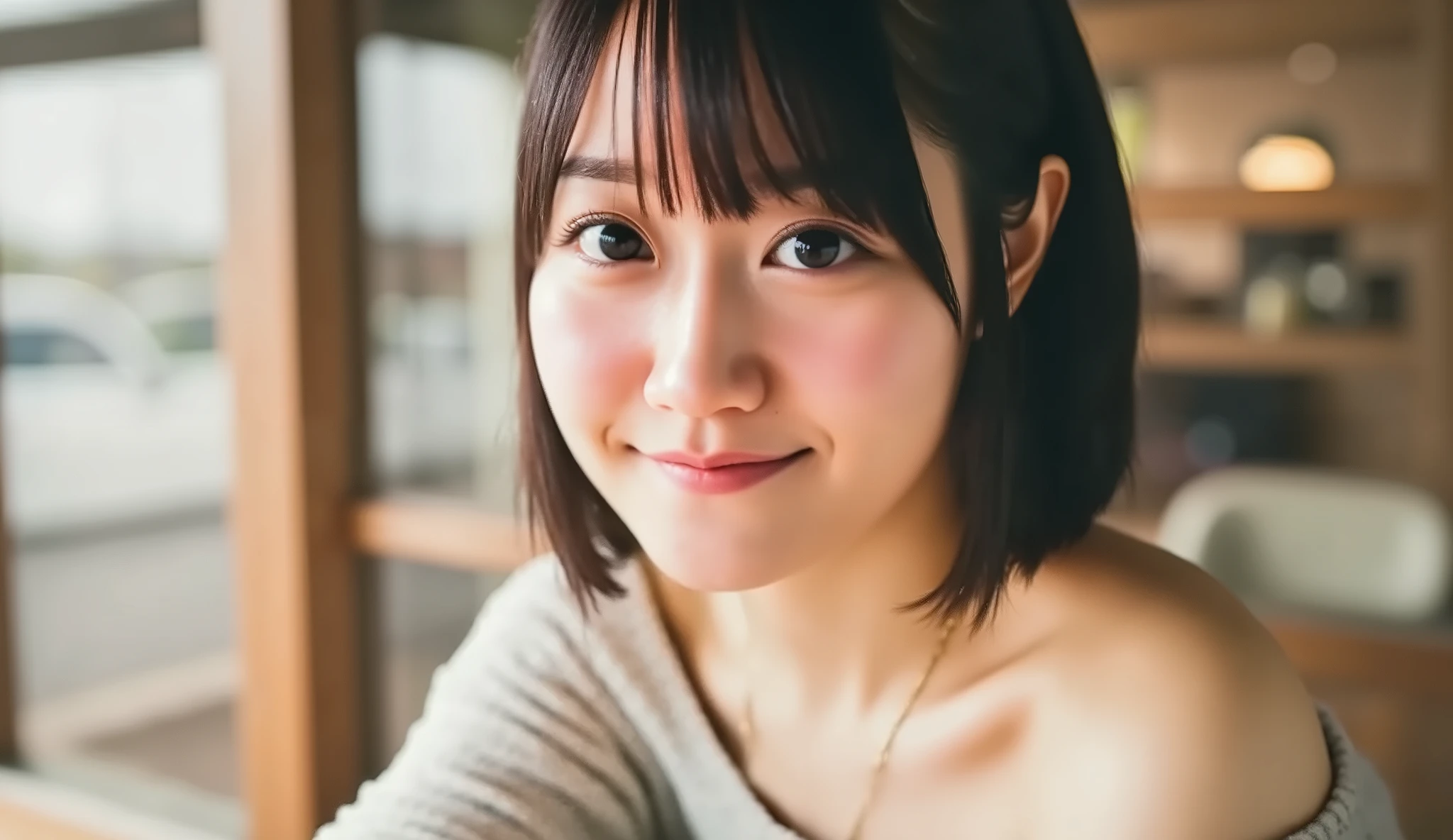 top quality 、 photo realistic、8k、 high res、 perfect lighting、 beautiful、masterpiece、 realistic 、 close-up portrait 、
one girl 、Sharp Eye、 Off Shoulder Sweater、 middle breasted、 short hair with shadows、 Watch viewers、親切な笑face、At the cafe、face、 Annie