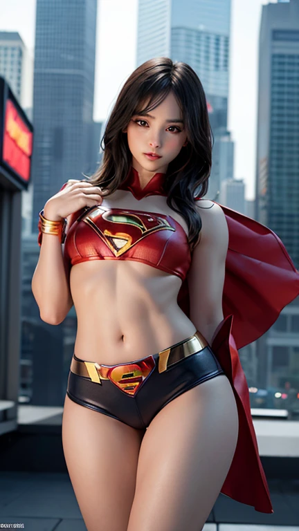 Anime style, (superman girl), insanely beautiful Alina Gorokhova portrait photo, 21 years old, full body, top angle, body curves, navel, miniskirt, smooth creamy skin, beautiful maroon eyes, Beautiful facial details, ((Manhattan background) )), low angle medium shot, greedy and attractive, amazingly euphoric gorgeous, vivid emotion, peach fluff, symmetrical circular iris, natural Glitter makeup, detailed moisture, detailed droplets, detailed intricate hair strands, DSLR, reflected in raytraced, Pino Deni, Larry's Bud Melmann, symmetrical face and body, CGsociety, Gottfried Hernwein and Irakli Nadal, eye reflections, focus, Unreal Engine 5, VFX, film photography, extreme detail, Ultra HD, post-processing, post-production, single face, Tanvir Tamim, ultra-realistic photography, Shot with Hasselblad X1D-50c, ISO 100