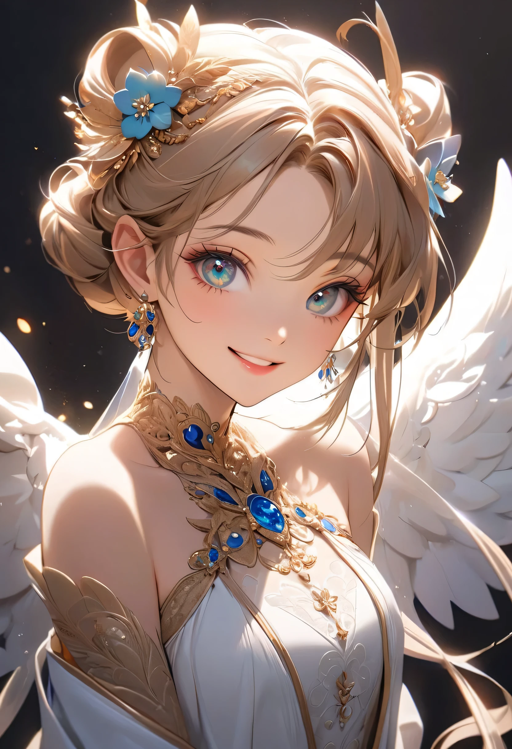 de beaux traits de visage, Maquillage exquis,Yeux exquis,détaillé,((gentillesse))Grand ,sourire,((regardant le spectateur)),front
