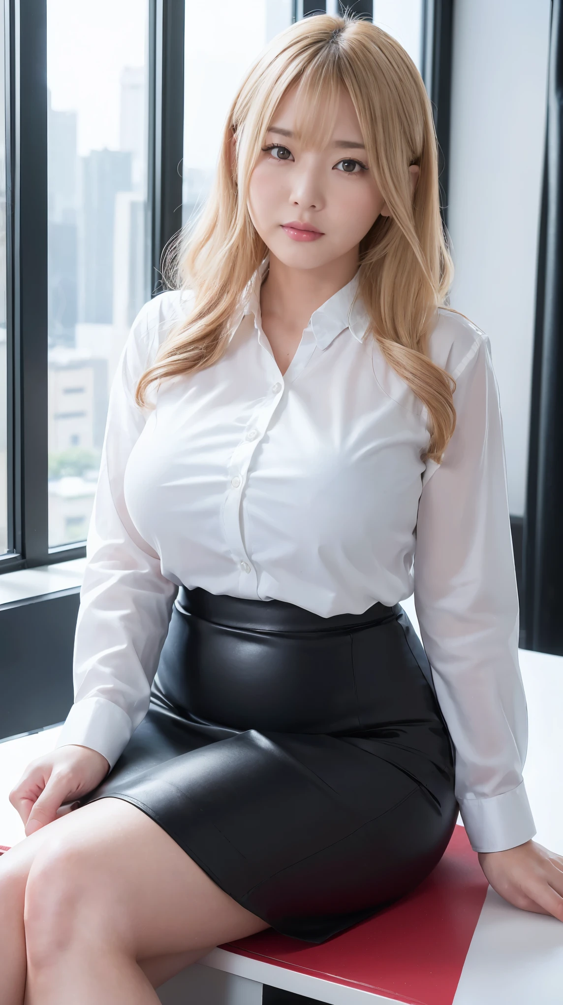 Blonde wavy hair with bangs sexy plump big breasts chinese idol 50 years old Big Breasts Bright red lips Blushed (( white shirt)) shiny black tight skirt black stockings ((I'm sitting cross-legged on my desk at the office on a hot and humid night)) portrait ( staring at the camera) ((dressing)) Angle taken from below ((The boss's eyes)) ( sweated, slimy, Glowing Face and Skin) top quality masterpiece Cunning worried face