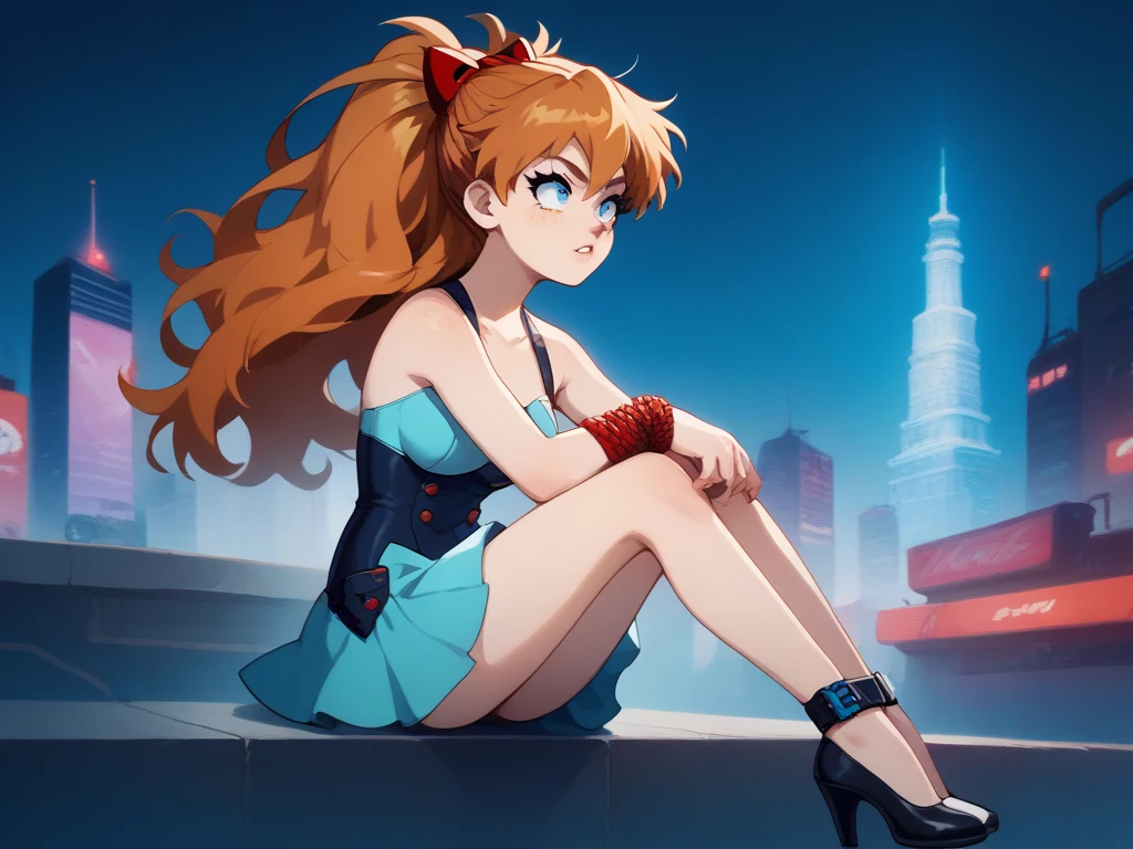 zavy-fzzgrfft, manga of Asuka Langley, dynamic lighting, dots, screentone, evangelion, cleavage, busty, thick thighs, standing, arms behind back, sitting, legs spread, big blue eyes, ulzzang, thigh highs,