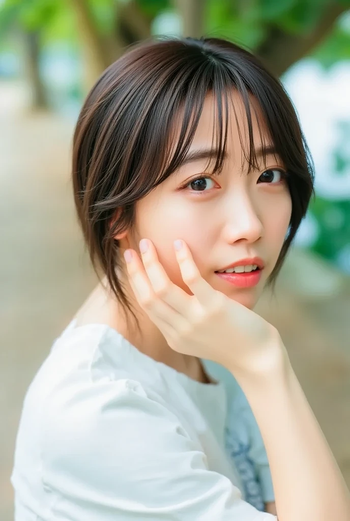 super detail ,(((Atmospheric perspective))) ,8K,超A high resolution ,(photographrealistic: 1.1) ,Detailed face ,1人の女性 ,bob cuts ,(tits out:1.1) ,a baby face ,A slight smil ,a closeup ,(((swim wears))) ,textured skin ,