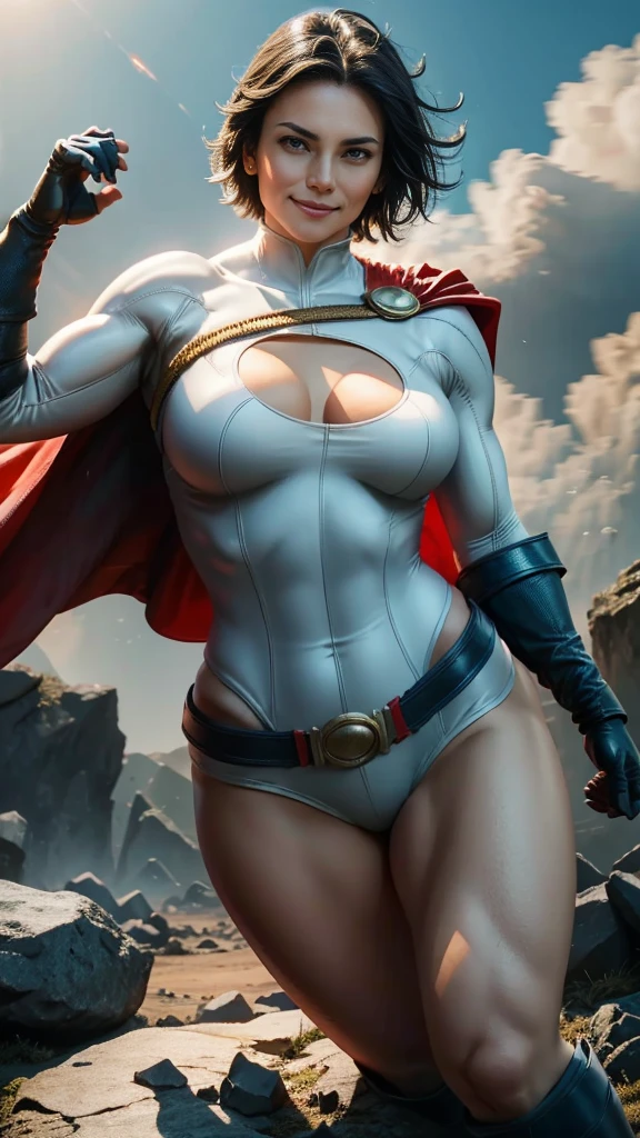   DC Comics Power Girl ,( top quality ,4K,8k, high res, Artwork:1.2)(weather: In the Wind ),Battle Remains,, short hair with shadows, ultra detail, realistic, portrait, Beautiful Detailed Blue Eyes , Beautiful Detailed Lips , highly detailed eyes and face,  has long eyelashes,Sexy,average, Big Breasts:1.7, clevis on a stone, flying hair, gloves,A brilliant smile, Powerful Girl in the Air ,Flying Pose,Stunning curves,I'm wearing a bright color ,Dramatic lighting,combat background,composition,Red Cape,