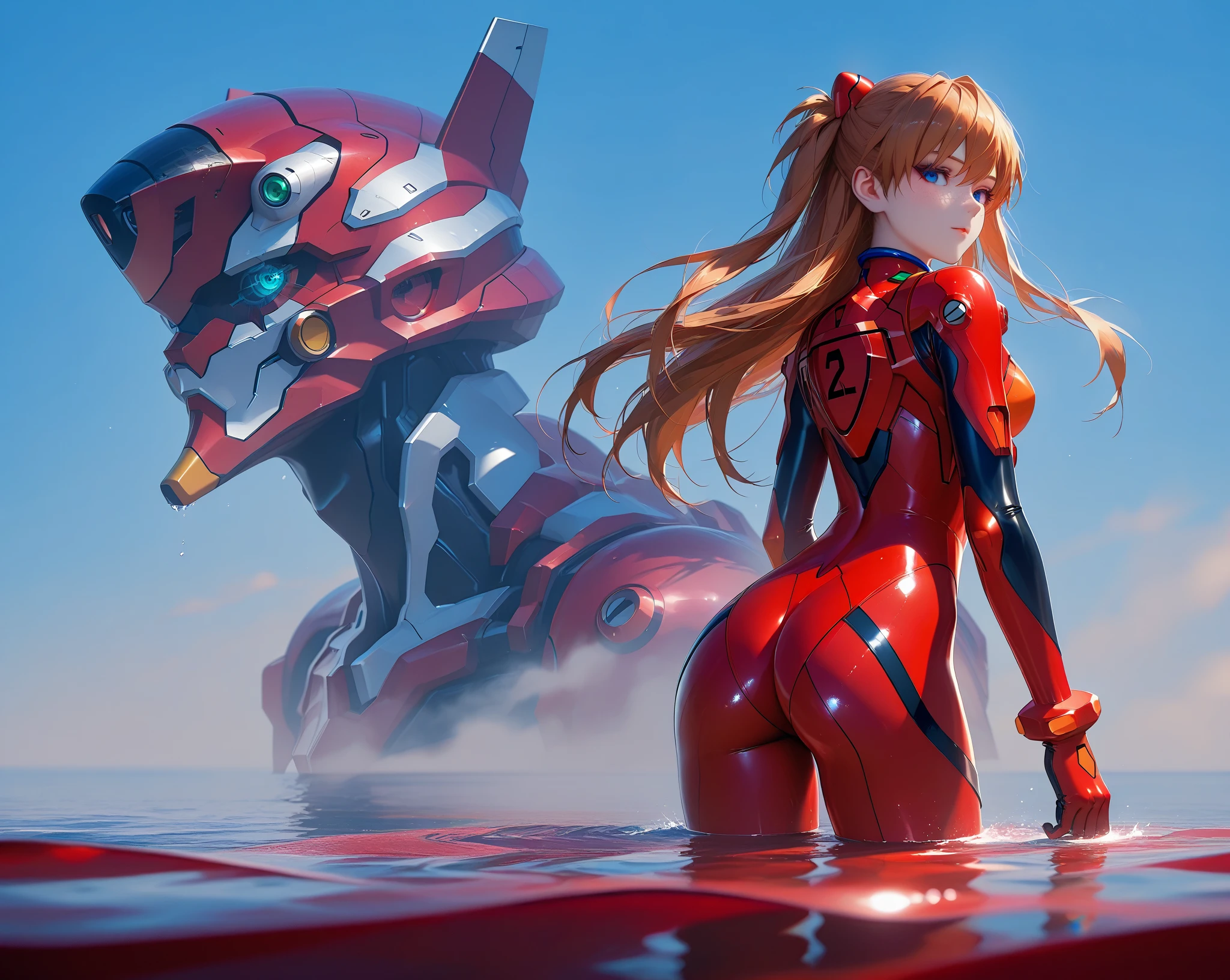 ( very detailed CG unity 8k wallpaper, masterpiece, source:anime, red sea, best quality, ultra-detailed),3d,a beautiful female model, transparent red bodysuit, slowly fading away, detailed face, beautiful eyes, full lips, long lashes, flowing hair, elegant pose, Under an blue sky , by the red sea,  Orange Hair , dramatic lighting, ethereal, Surreal, dreamlike, mist, Fog, shimmer, glowing, 8k, high-quality, cinematic, masterpiece,1girl, full body, back view, looking at viewer, ass,heavy bodyarmor,shirogane, souryuu asuka langley, brown hair, two side up, bangs, freckles, long hair, blue eyes, red sea, Eva-02 is far in the background, red water, partially submerged, eyesHD, submerged at the waist
high gradient eyes
detailed eyes
high definition eyes