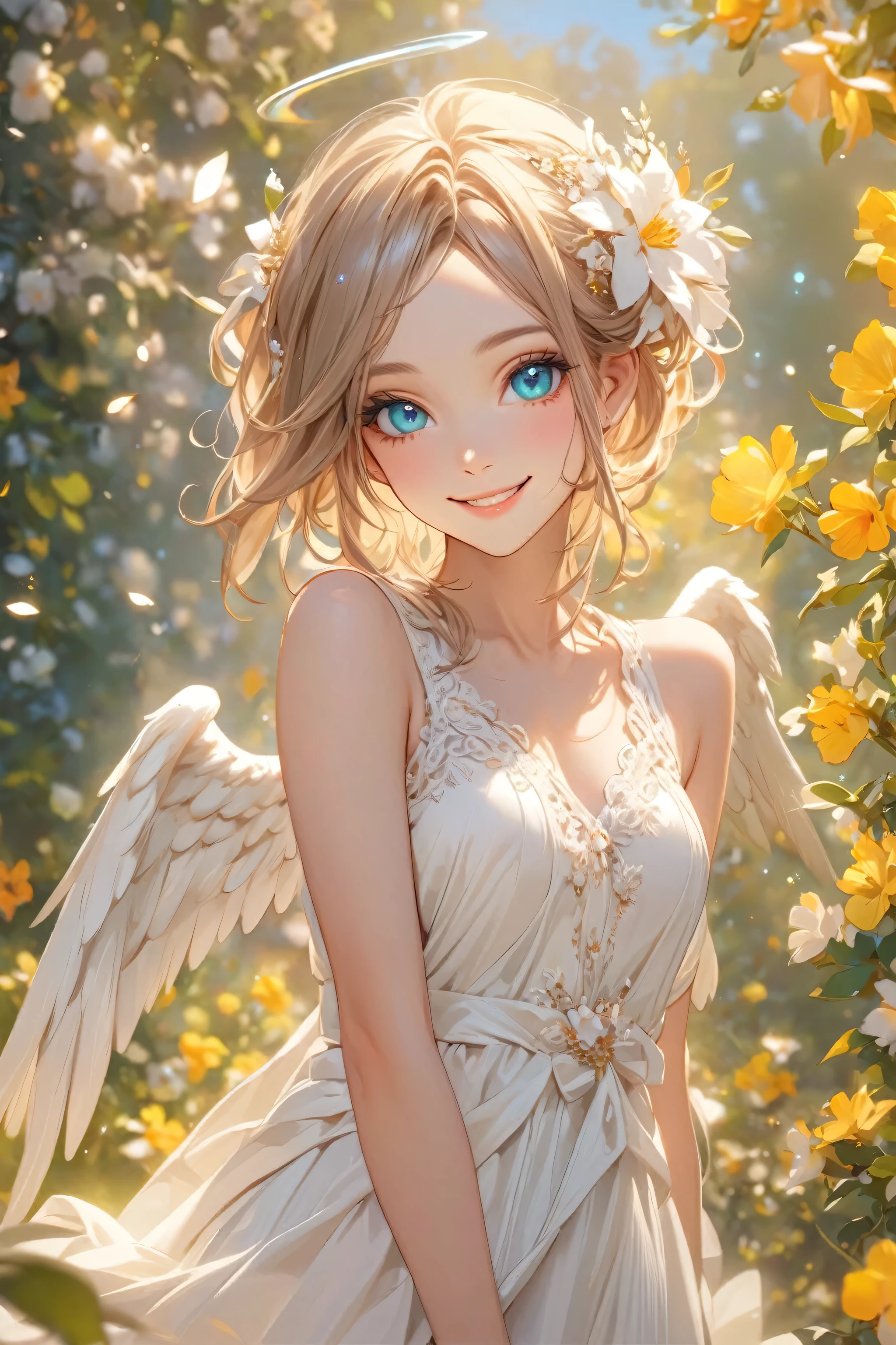 ( Anatomy is quite accurate ) One is wearing a beige gauze dress、With wings、Woman with long beige and light blond hair wearing a flower crown( perfect anatomy ) Translucent wings, Beautiful angel wings,Extremely detailed close up of smiling female angel in flowing gauze dress elegant、Beautiful masterpieces, meticulous depictions, extremely delicate works of art, ultra-precision art,Stunning digital art