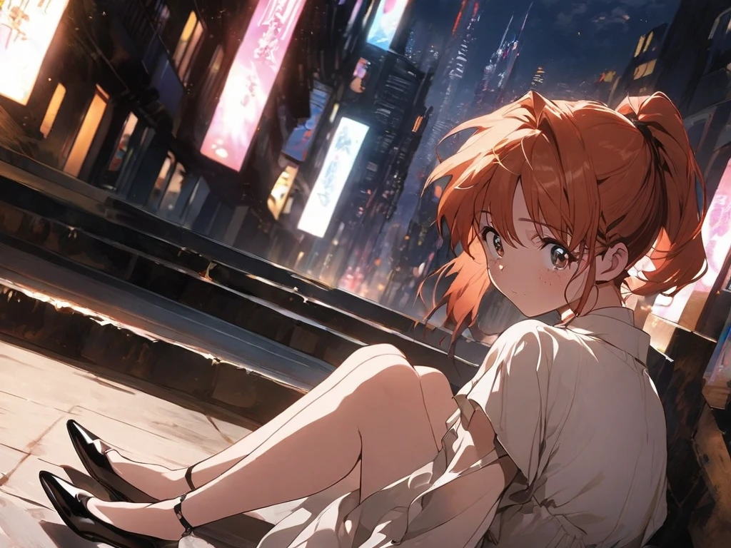 
"An anime-style illustration of a young woman  anime girl 90 style animation EVA 01, asuka langley soryu looking with long red hair, styled in a slightly messy bob with bangs. She has big, expressive brown eyes and a calm, gentle expression with light freckles on her cheeks. , which adds a nostalgic feel.   sitting on urban steps at night. She has long, reddish-orange hair tied up in a high ponytail and is wearing a sleek, light blue mini-dress with thin straps. Her legs are crossed casually, and she is wearing elegant black high heels with ankle straps. The background features a futuristic cityscape with glowing skyscrapers and warm lighting, evoking a calm and romantic urban atmosphere. Add soft shadows and subtle neon highlights to enhance the mood."