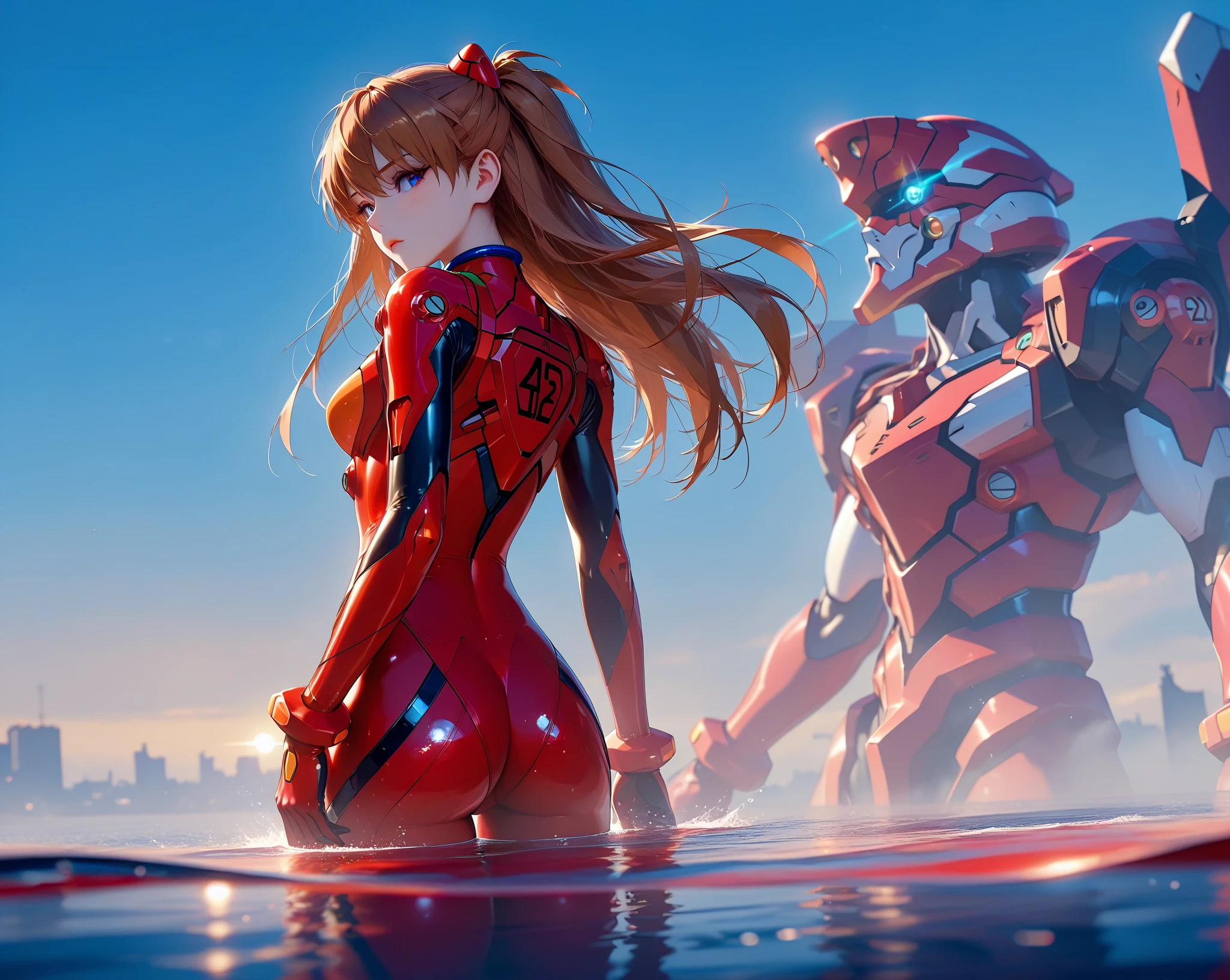 ( very detailed CG unity 8k wallpaper, masterpiece, source:anime, red sea, best quality, ultra-detailed),3d,a beautiful female model, transparent red bodysuit, slowly fading away, detailed face, beautiful eyes, full lips, long lashes, flowing hair, elegant pose, Under an blue sky , by the red sea,  Orange Hair , dramatic lighting, ethereal, Surreal, dreamlike, mist, Fog, shimmer, glowing, 8k, high-quality, cinematic, masterpiece,1girl, full body, back view, looking at viewer, ass,heavy bodyarmor,shirogane, souryuu asuka langley, brown hair, two side up, bangs, freckles, long hair, blue eyes, red sea, Eva-02 is far in the background, red water, partially submerged, eyesHD, submerged at the waist,high gradient eyes, detailed eyes, high definition eyes, glowing eyes