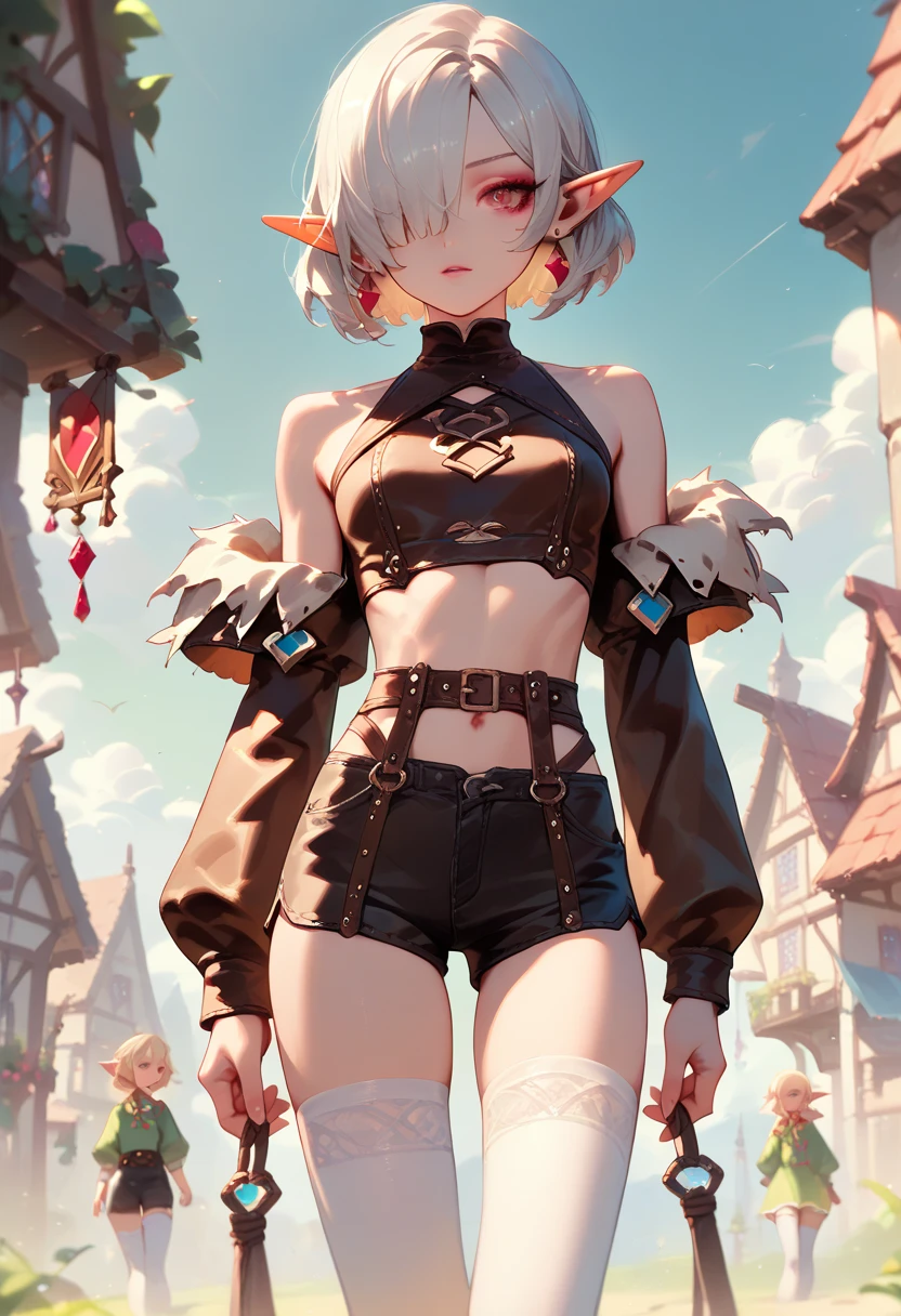  ,     dark leather , hair covers the eye, rpg,    short brown leather shorts,     smooth skin ,  elf,   thin waist, makeup,   pretty face, pomade, navel,    neckline shows bare shoulders  , shrudi   ,  white stockings, Village