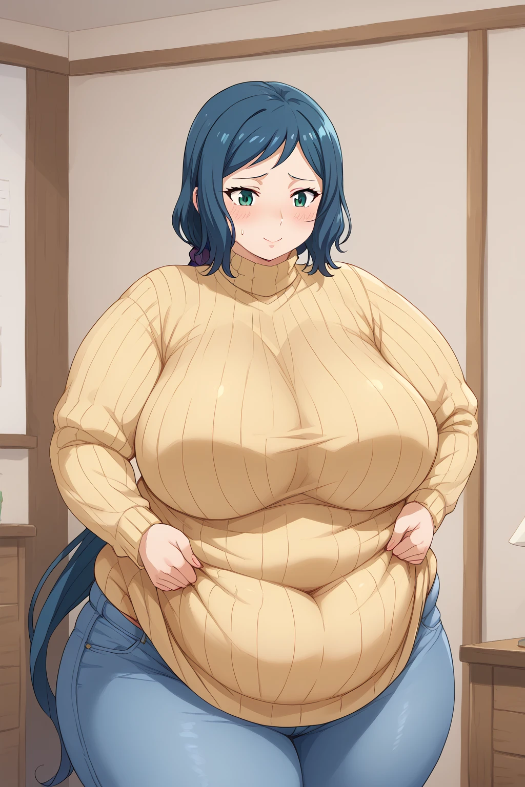  Iori Rinko, Rinko Iori, long hair,紺色の髪, low ponytail, Purple scrunchie,  green eyes,(( yellow sweater)), Navy blue jeans ,Obese middle-aged woman, troubled expression, embarrassing expression ,milf, chubby,(bedroom), score_9,  score_8_ up、 score_7_ up、 score_6_ up、 score_5_ up、 score_4_ up、 masterpieces at the front door of the house、 top quality , A beautiful woman with an obese figure,  absurd、 Source_ anime anime screencap,  one woman、Alone、 personal  、Super huge breasts,  super huge clevis、Super huge, Super huge boob,Curvy、 wide hips、