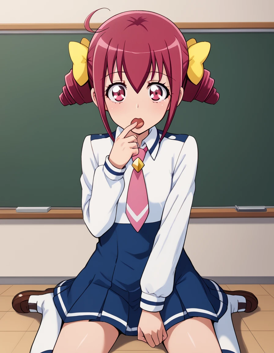 score_9,  source_Anime, rating_SAFETY BREAK 1GIRL , solo
hoshizora miyuki ,  pink hair,  twin drill, pink eye,  Izugaoka Junior High School Uniforms ,  Pink Necktie 、(classroom)、 cowboy shot、 sit on the floor、( fellatio)